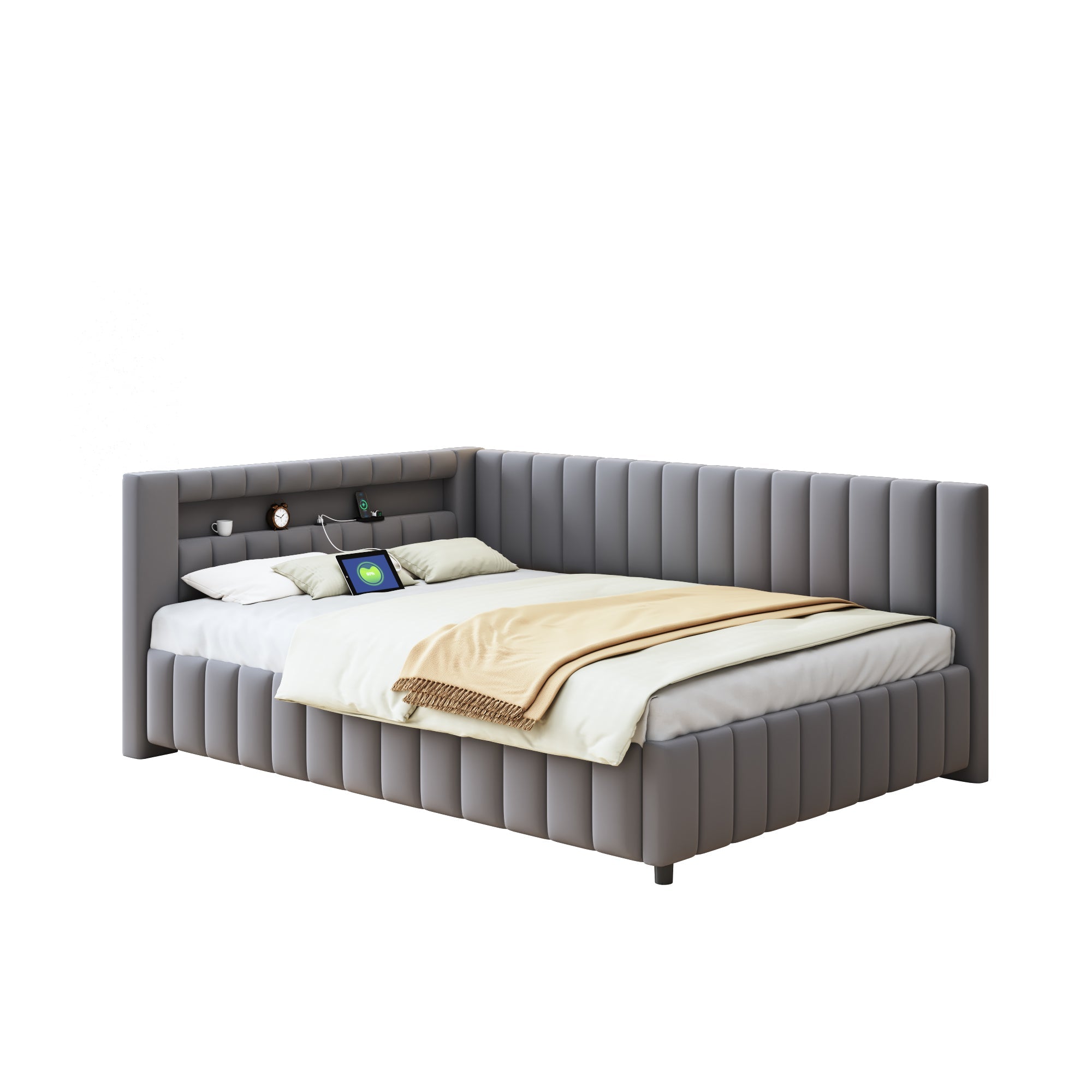 Upholstered Sofa Bed 140x200 with LED & USB, Velvet Grey