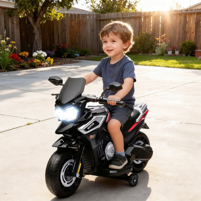 Electric Motorcycle for Kids with Training Wheels, Lights and Music, Black