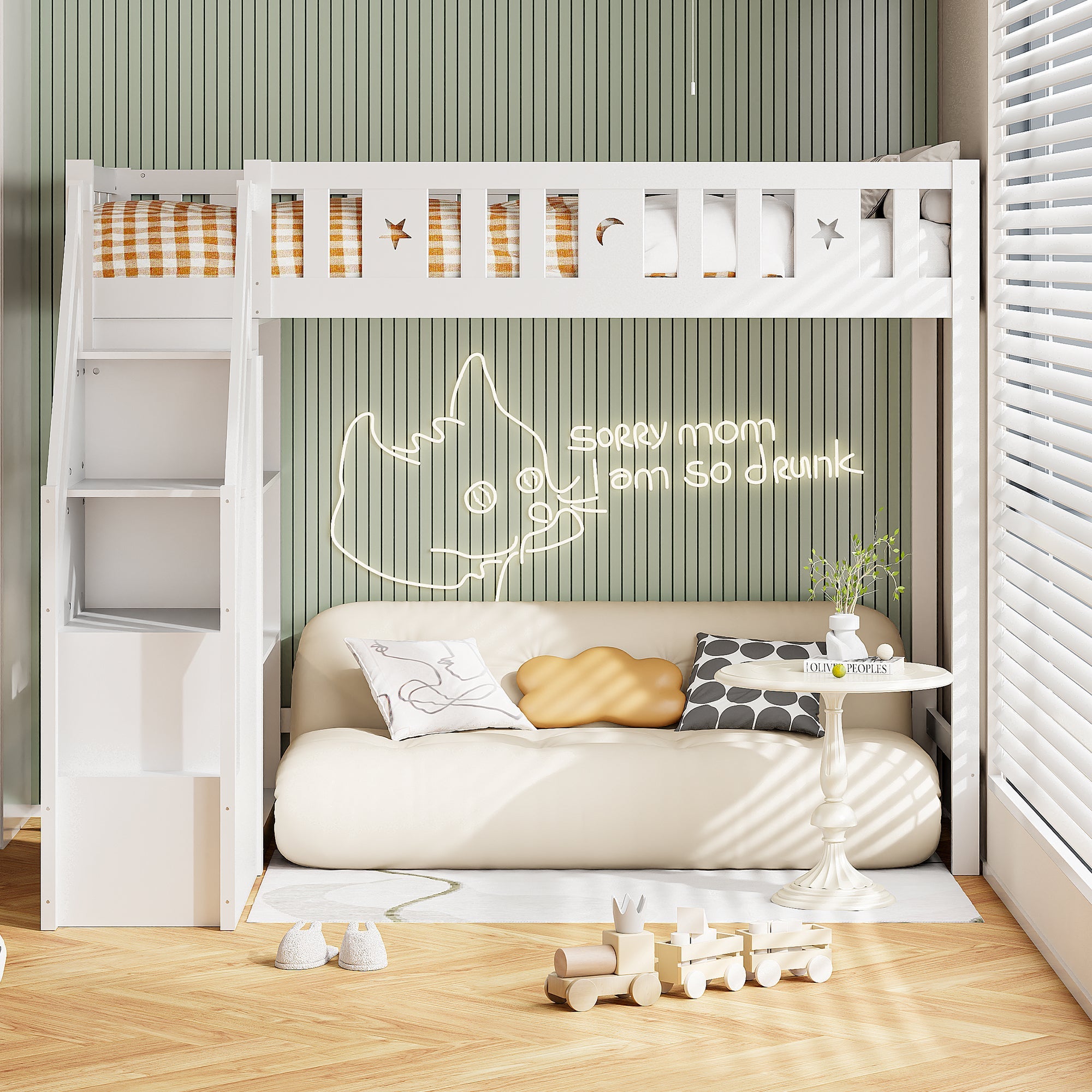 Loft Bed 90x200cm with Storage Ladder and Shelves, Solid Wood Frame, White