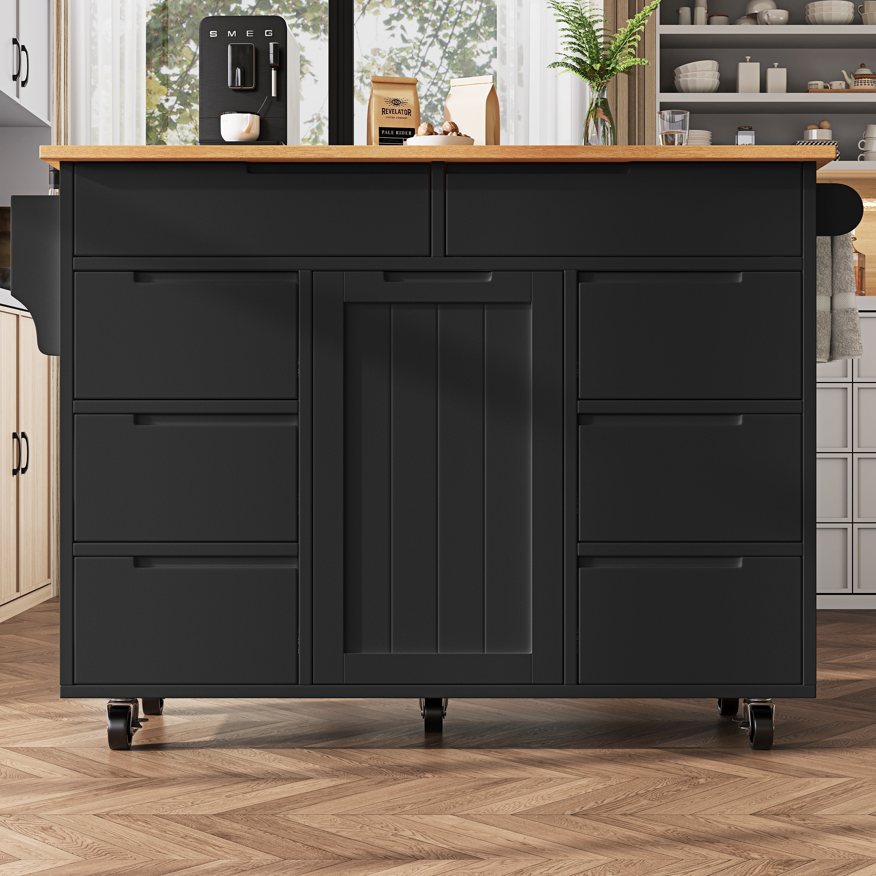 Kitchen Island Extendable Mobile Worktop 8 Drawers Spice Rack - Black