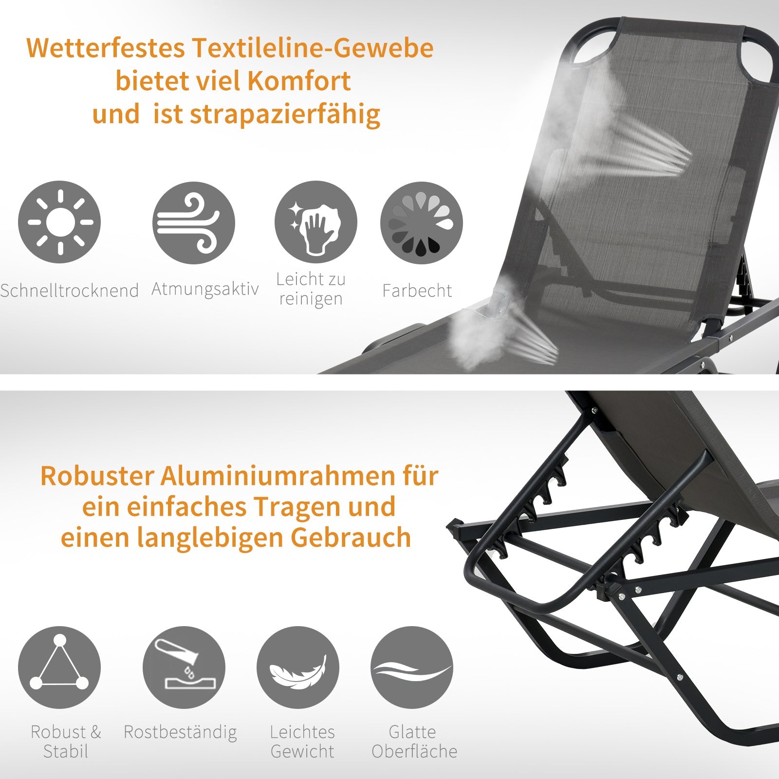 Sun Lounger 5-Level Aluminum Garden Lounger Texteline Grey/Black