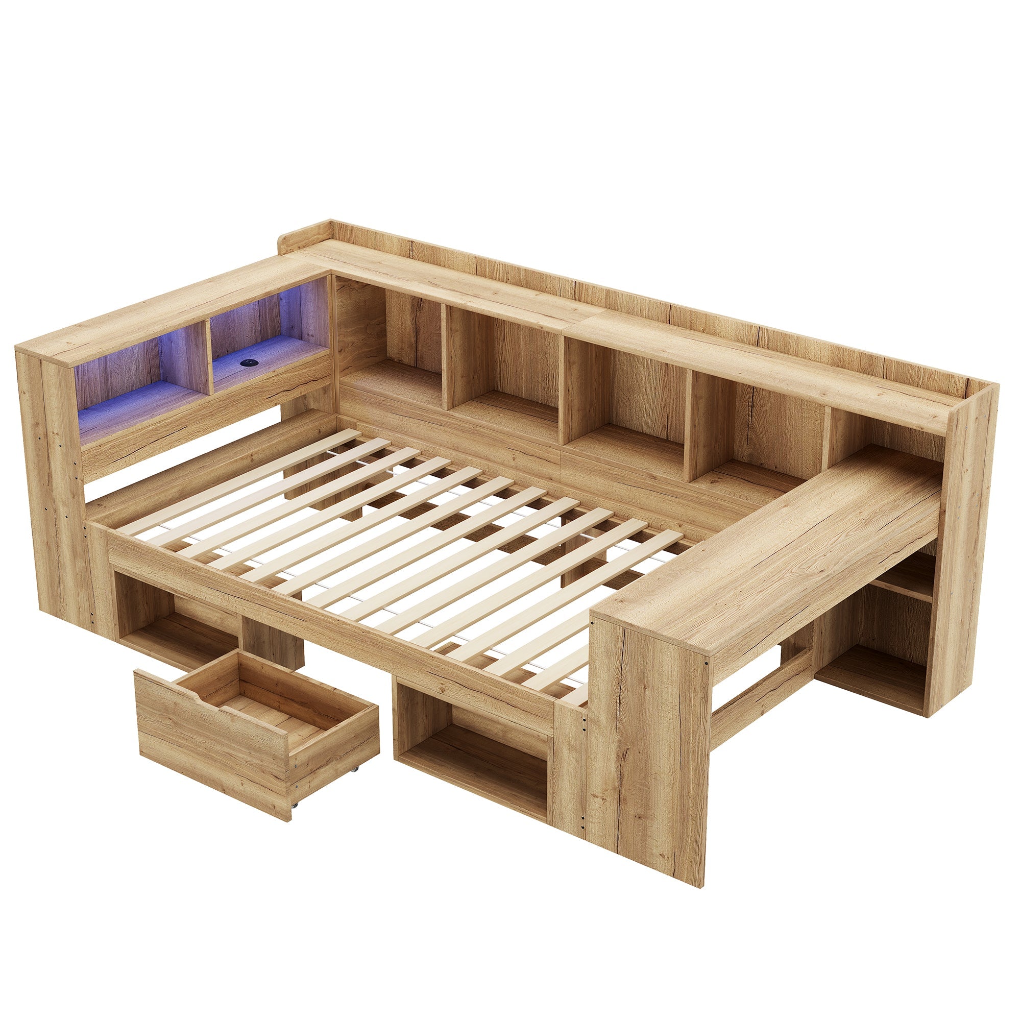 L-Shaped Wooden Platform Bed with LED, USB, Desk, Shelves and Drawers, 90x200cm, Natural Color