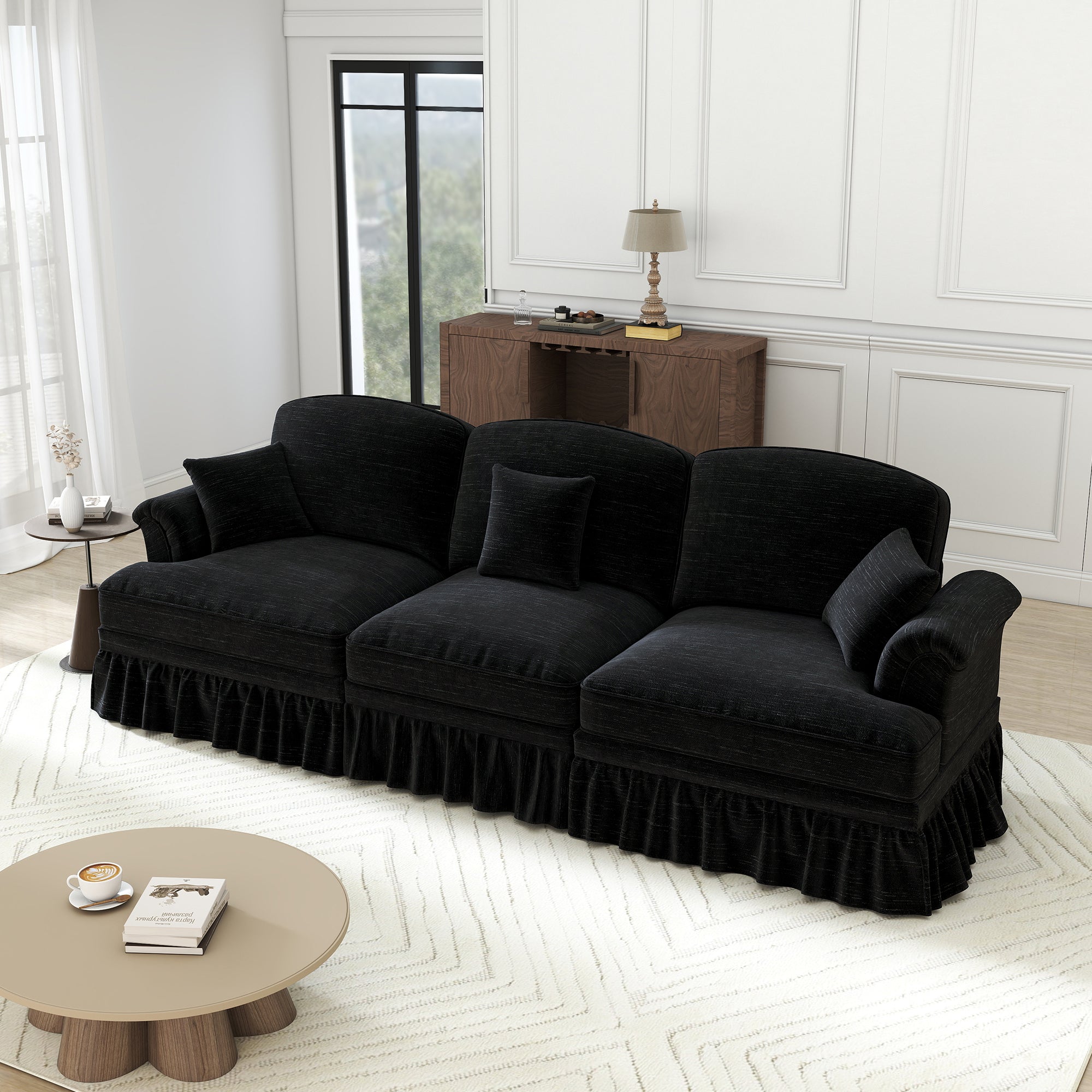 Sofa 3-seater Mid-Century Chenille Ruffled Apron - Black