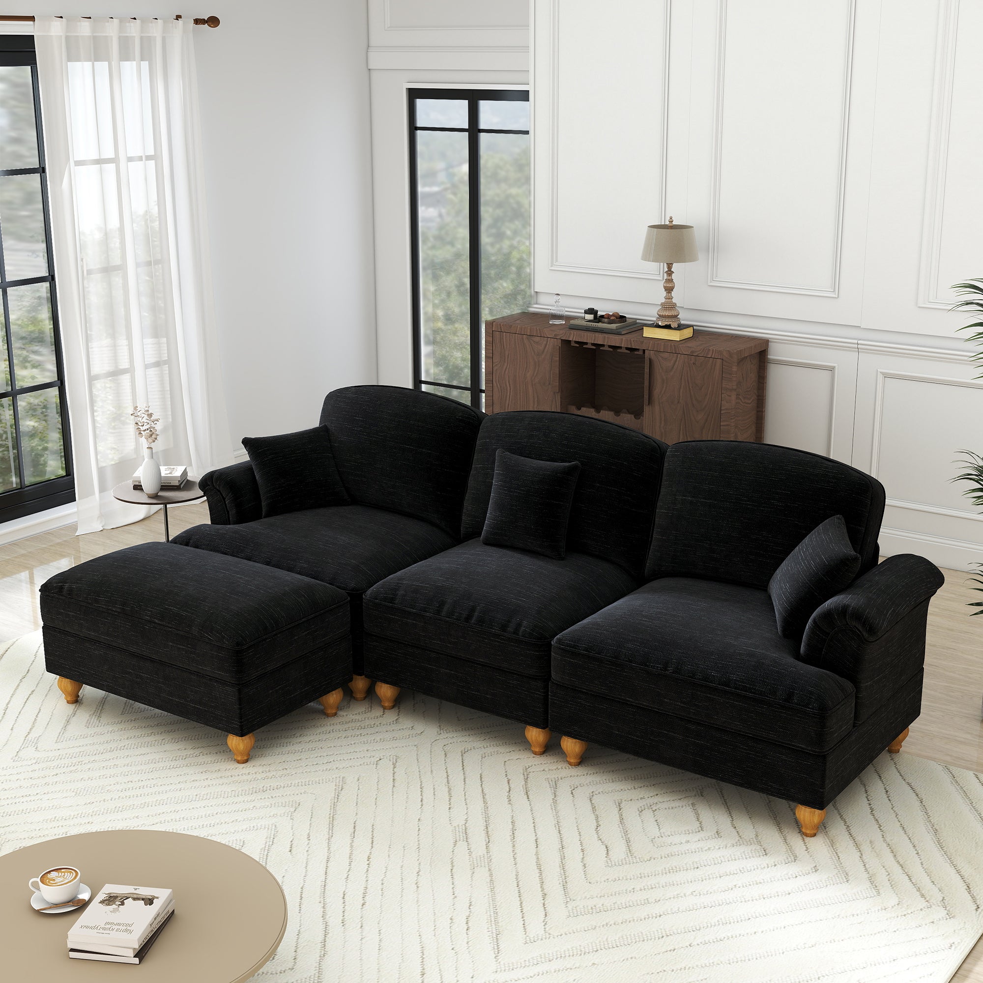 Modular L-Shaped Sofa 3-Seater Mid-Century Ottoman - Chenille Black