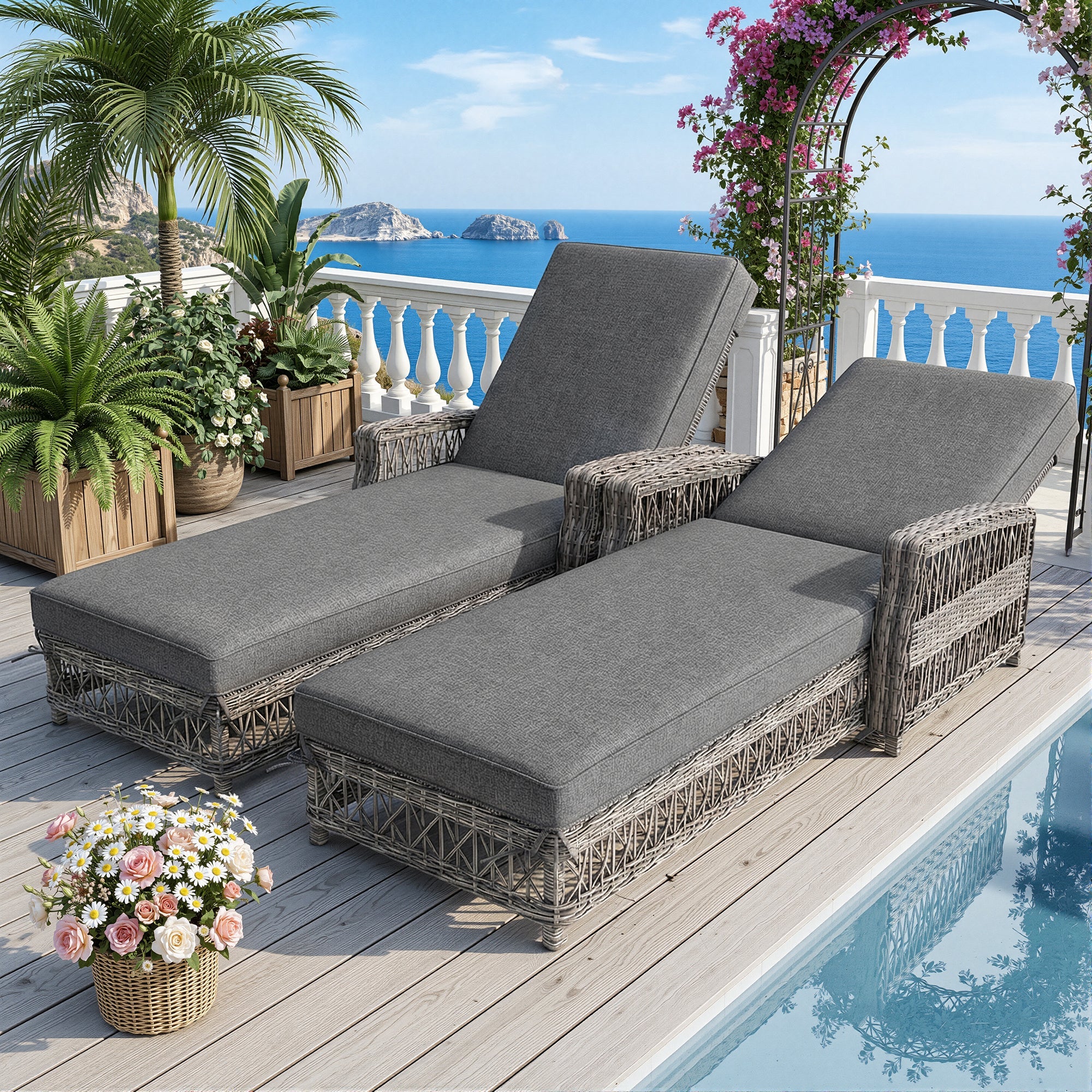 Outdoor Rattan Lounger Set of 2 with Adjustable Backrest and Removable Cushion, Grey