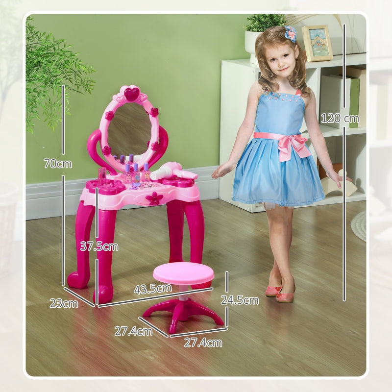 Kids Dressing Table with Mirror, Stool, Light, Music, 15 Accessories, Pink