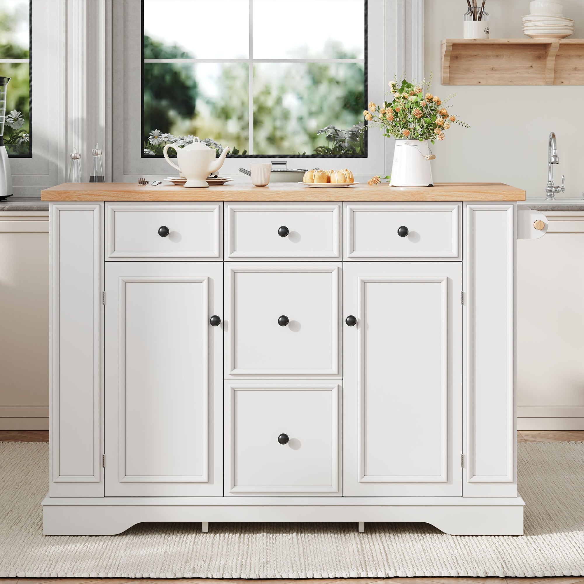 Extendable Kitchen Island with Drawers, Shelves & Power Strips - White