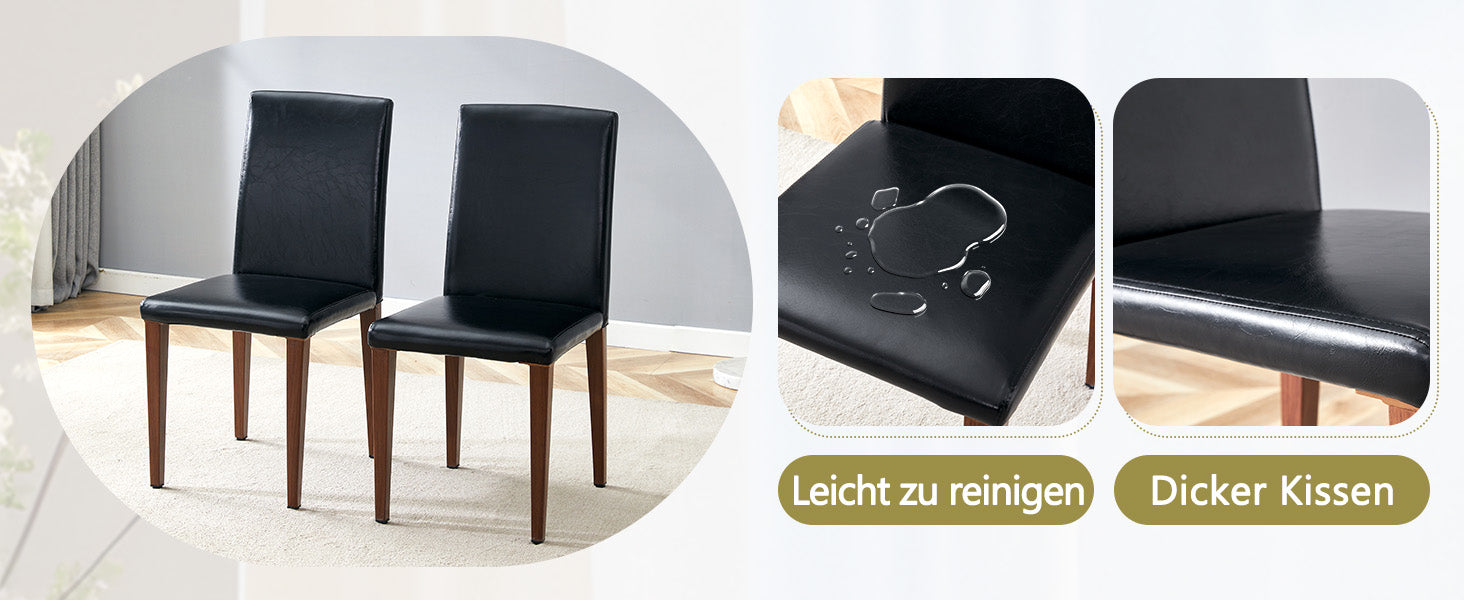 Minimalist Dining Chairs Set of 4, PU Leather and Metal Legs, Black and Walnut finish