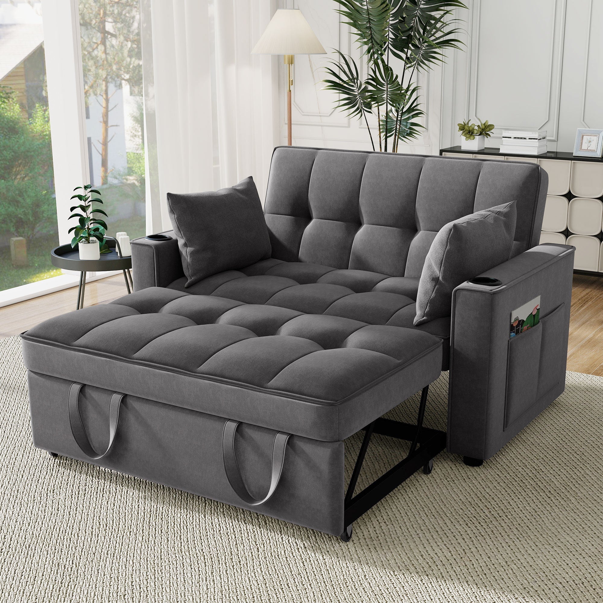 Foldable Sofa Bed, Multifunctional Sleeping Function Cup Holder Cushions