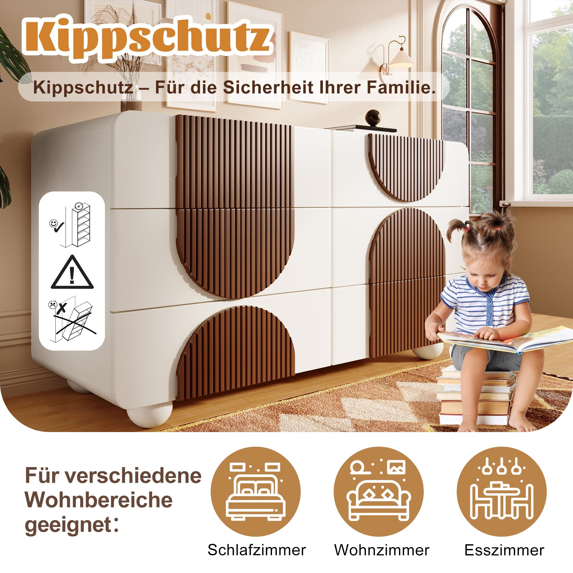 Chest of drawers 6 drawers curved design Elegant white with chocolate-colored wooden trim