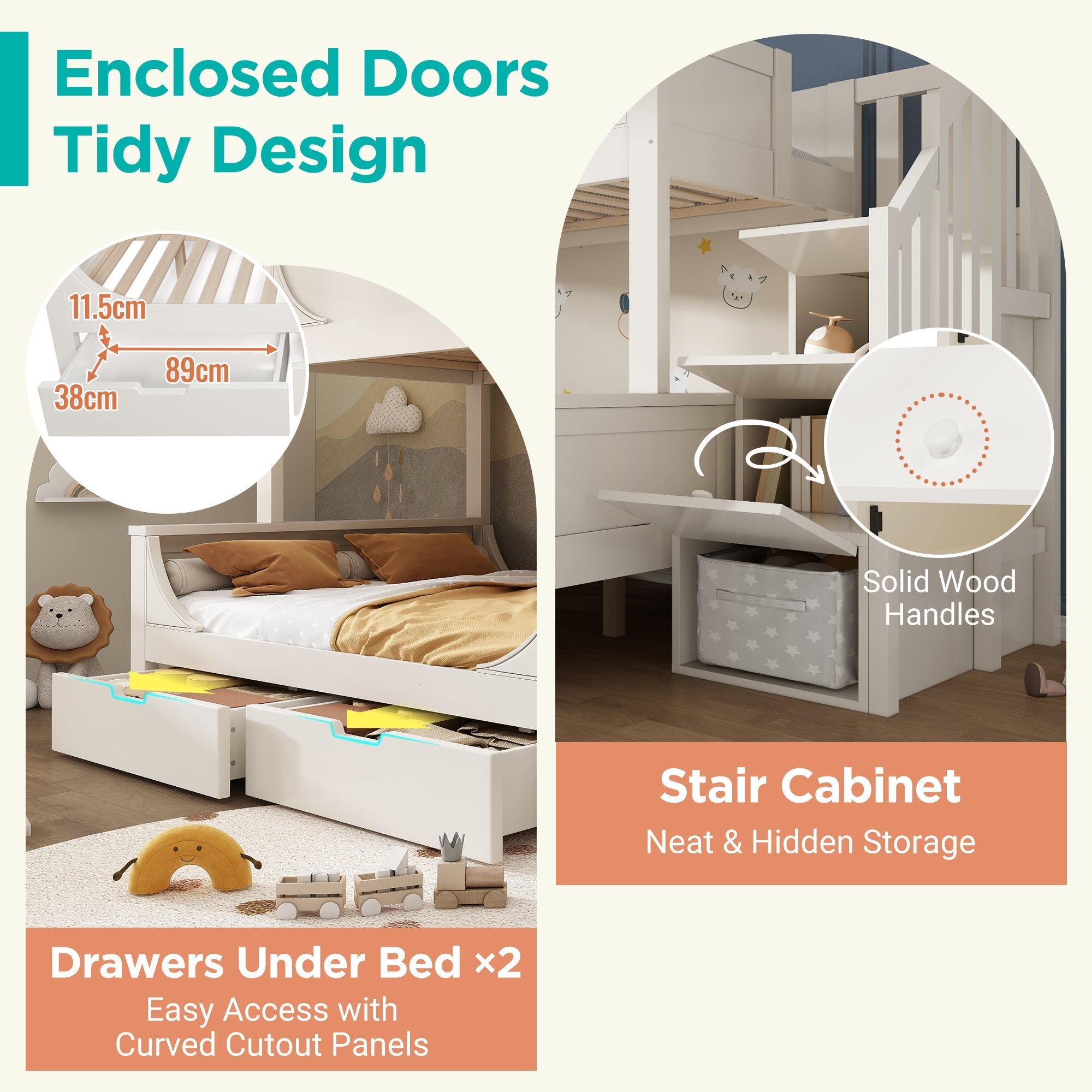 Bunk Beds for Kids, Staircase with Drawers and Storage, Solid Wood, White
