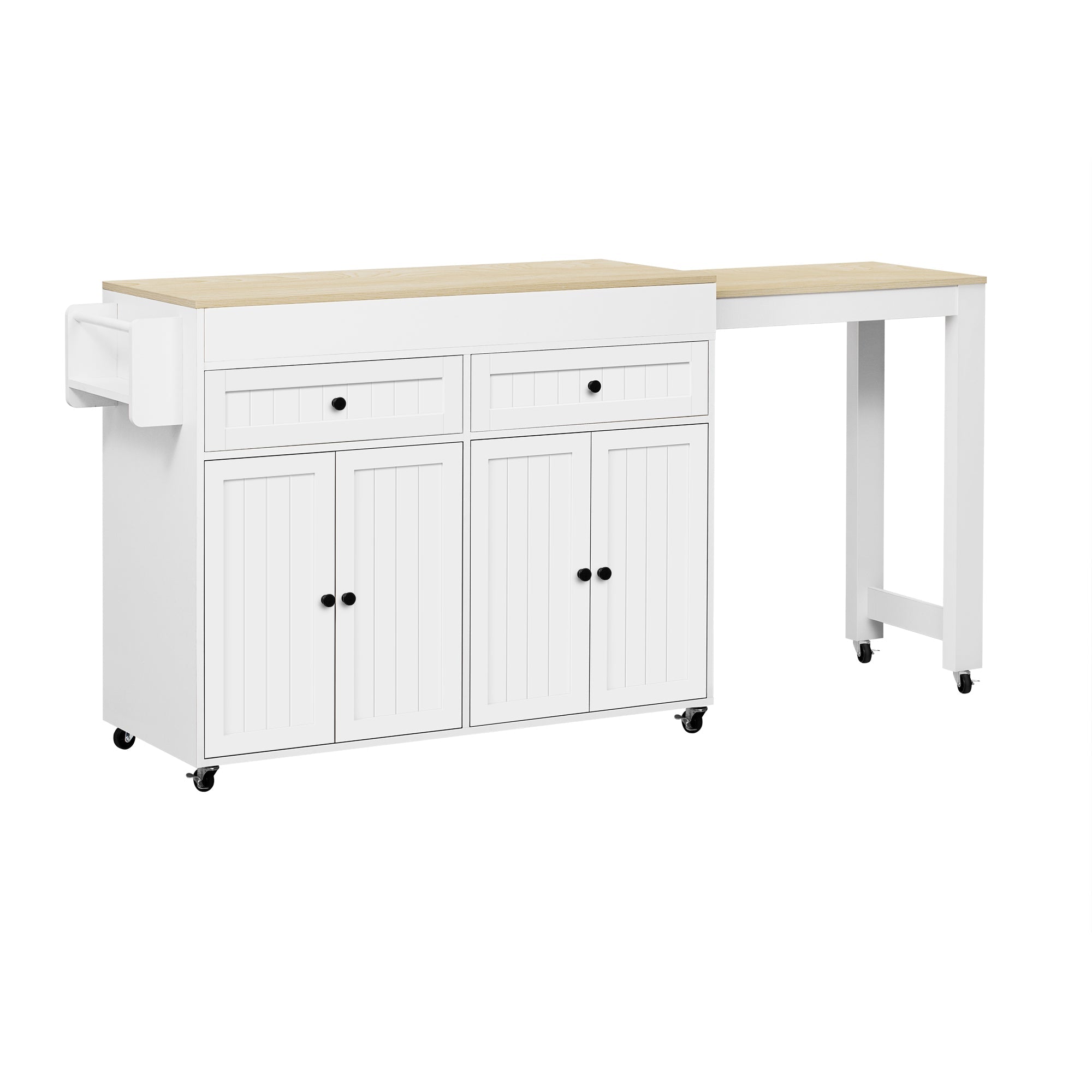 Kitchen Island, Extendable with Worktop & Drawers, Mobile, White+Natural