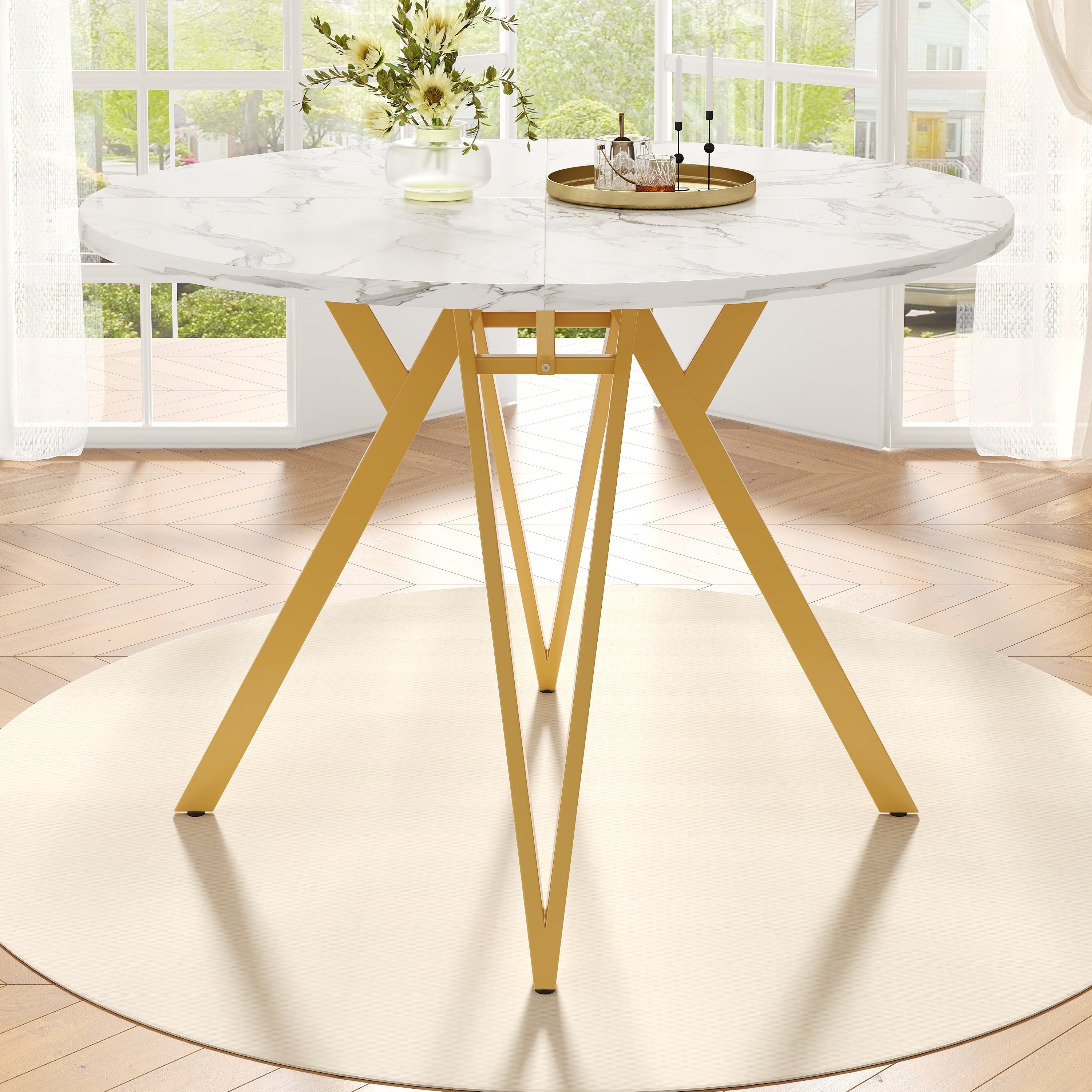 Dining Table Set 5-Piece Round 100cm Gold Metal Legs MDF Marble/Grey
