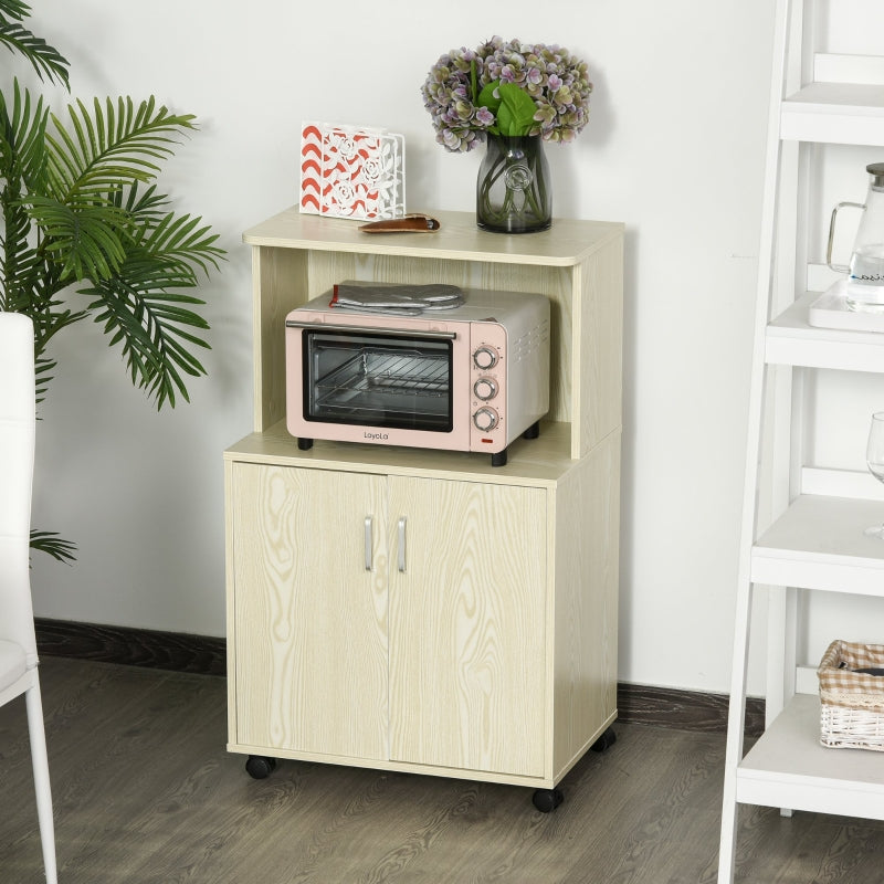 Kitchen Storage Unit, Microwave Stand Trolley Cabinet with Locking Wheels, Oak Tone