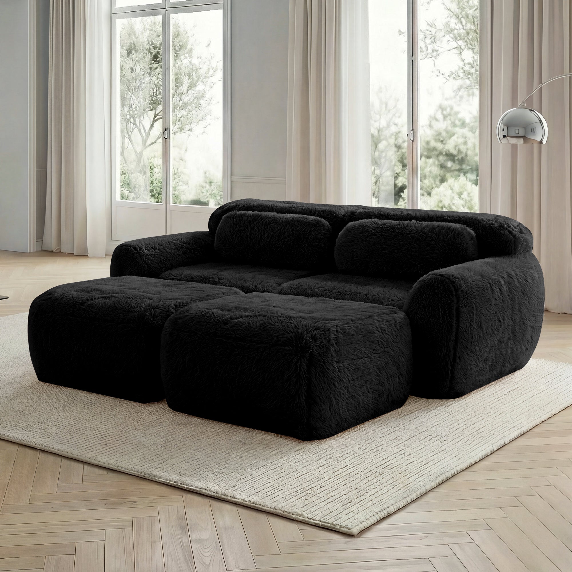 Boneless Cloud Sofas Modular Sleeper Sofa Two-Seater with 2 Ottomans No Assembly Plush Black
