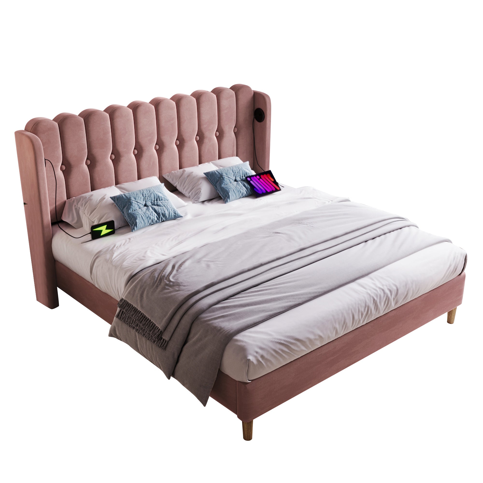 Upholstered Double Bed with USB and Type-C Charging, Pink, Velvet Material