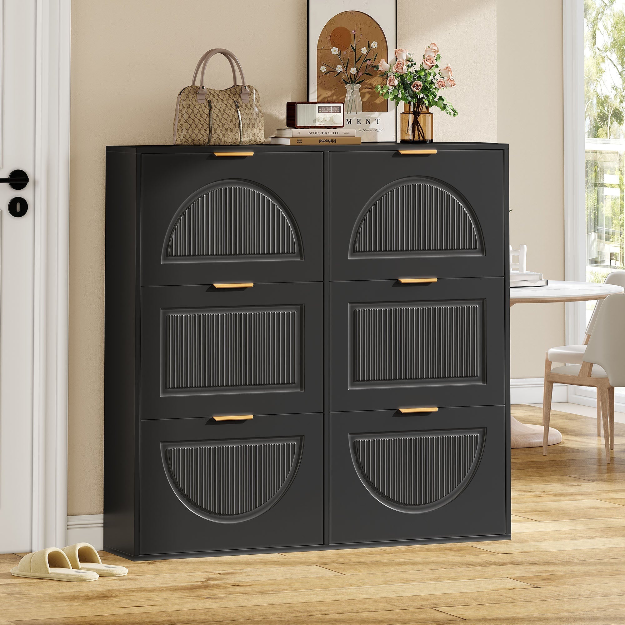 Shoe Cabinet 6 Flap Compartments Freestanding Open Shelves Black