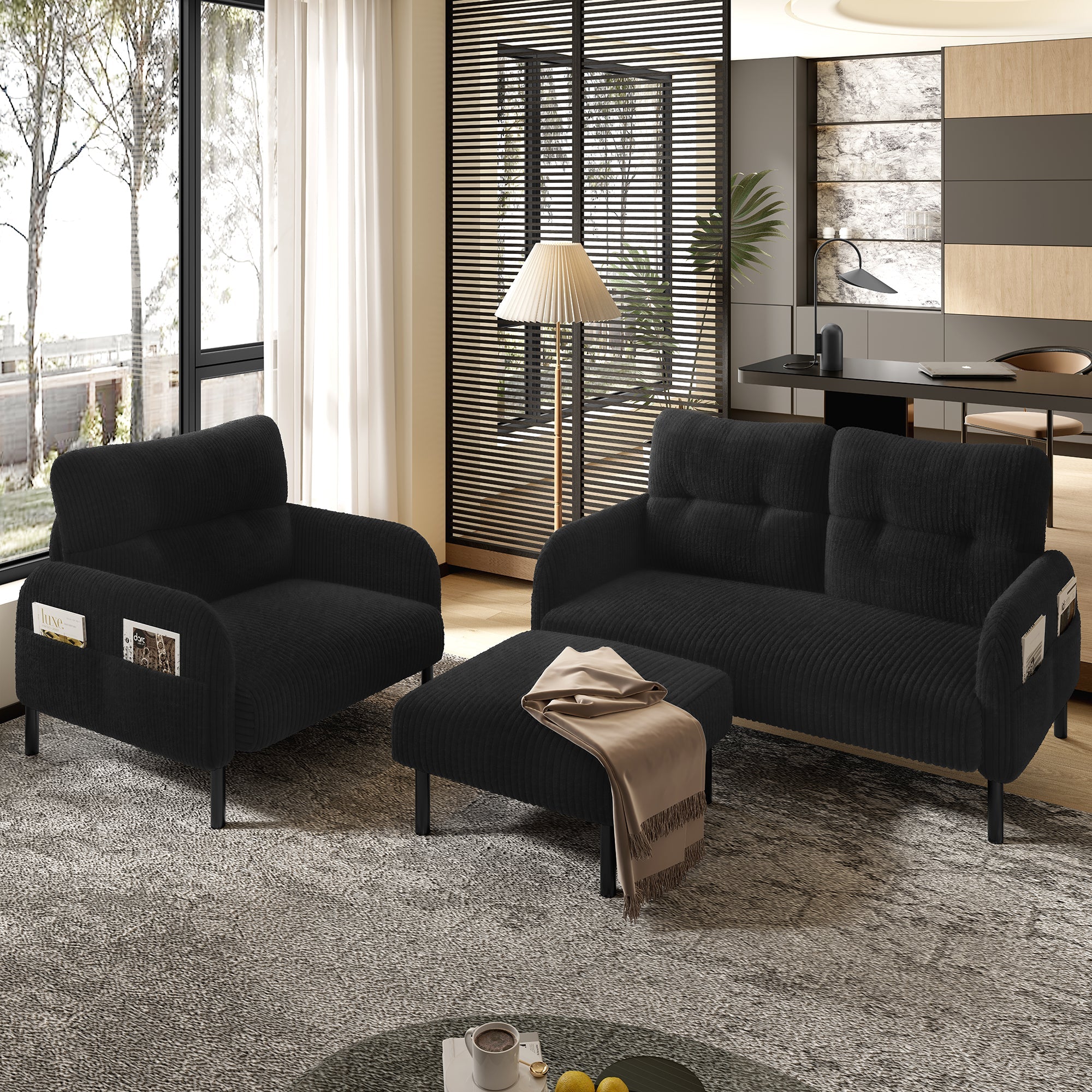 Cord 3-Piece Modular Sofa Set, Deep Seat Comfort Side Pocket, Black