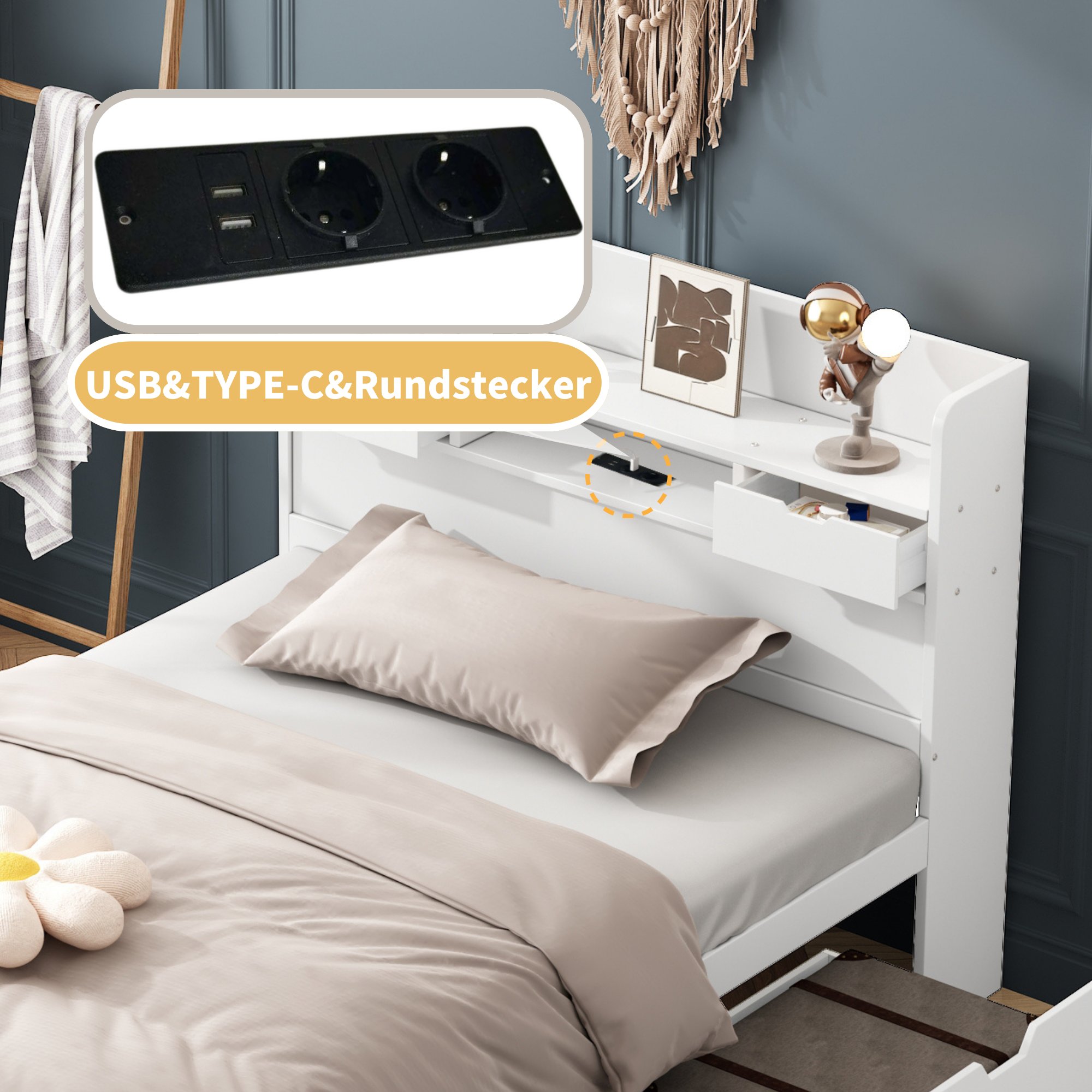 Single Bed Multifunctional 90x190cm with USB Port Drawer & Large Storage White