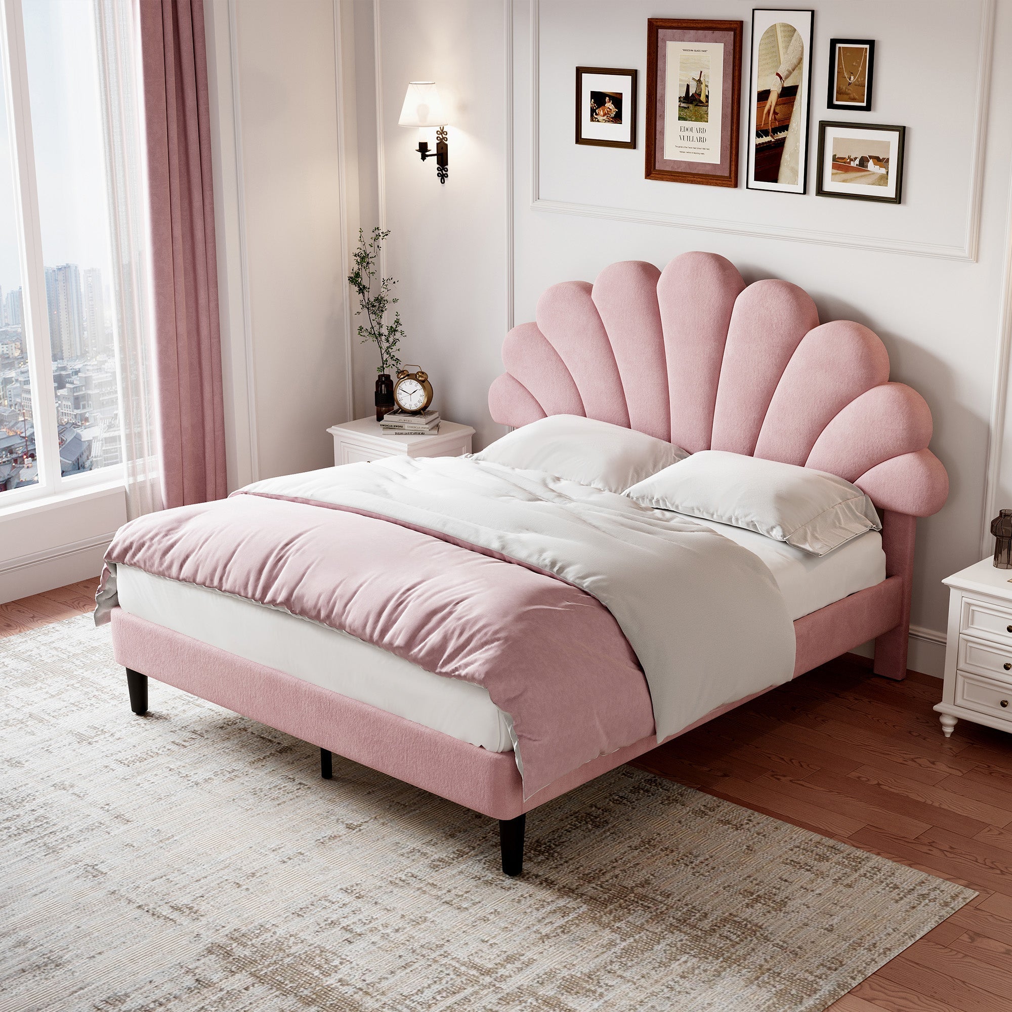 4ft6 Double Upholstered Velvet Bed Frame, Adjustable Chic Petal Headboard, Pink
