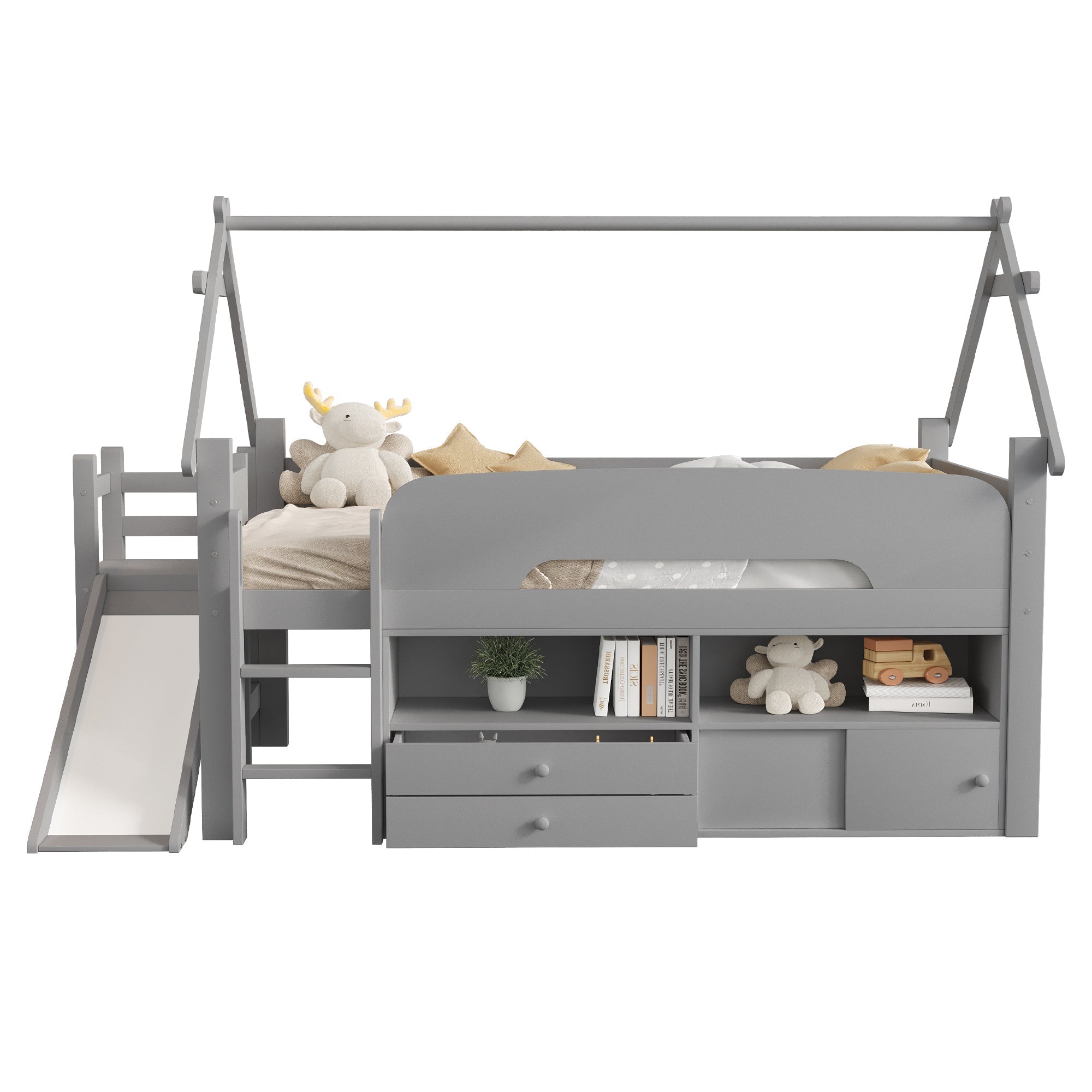 Children's House Bed 90x200cm with Slide Drawers Storage Solid Wood Grey