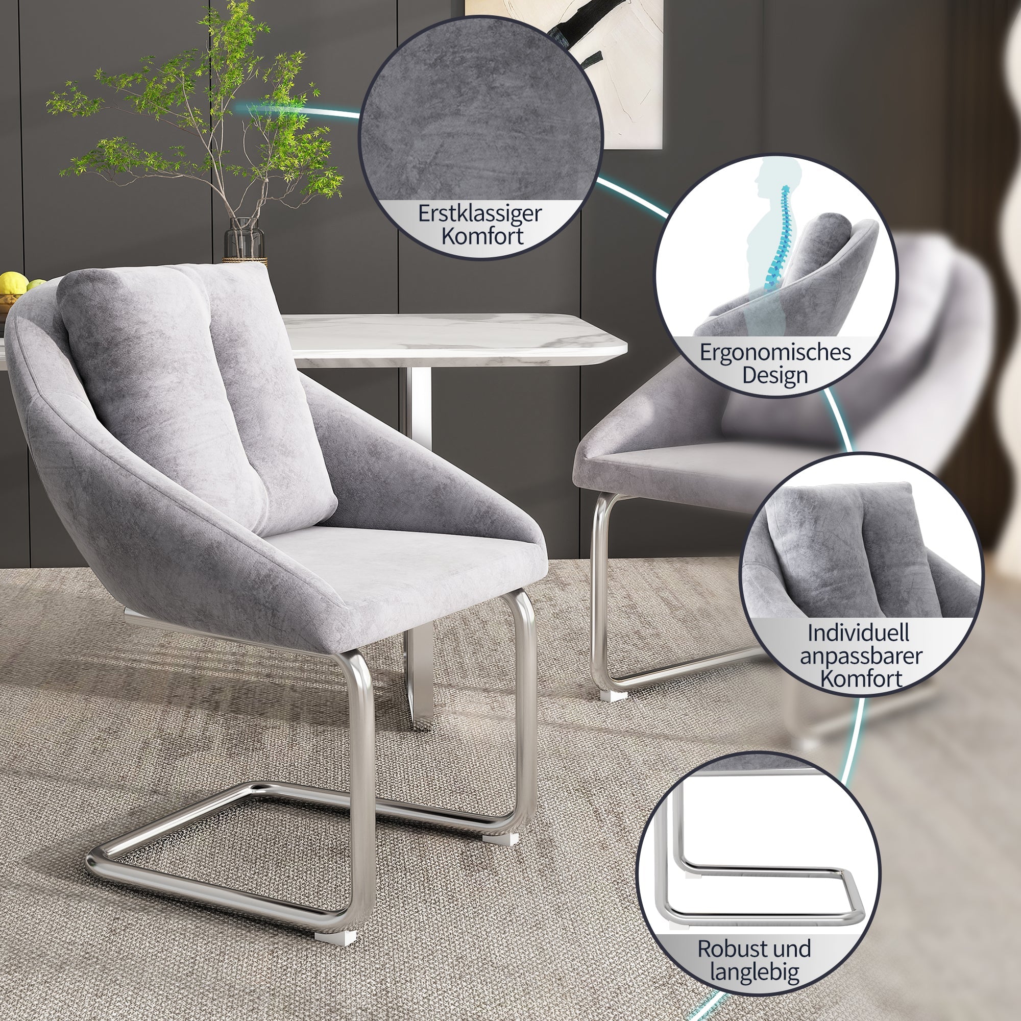 Velvet Dining Chair Set of 2 Swivel Cushions Curved Legs - Grey