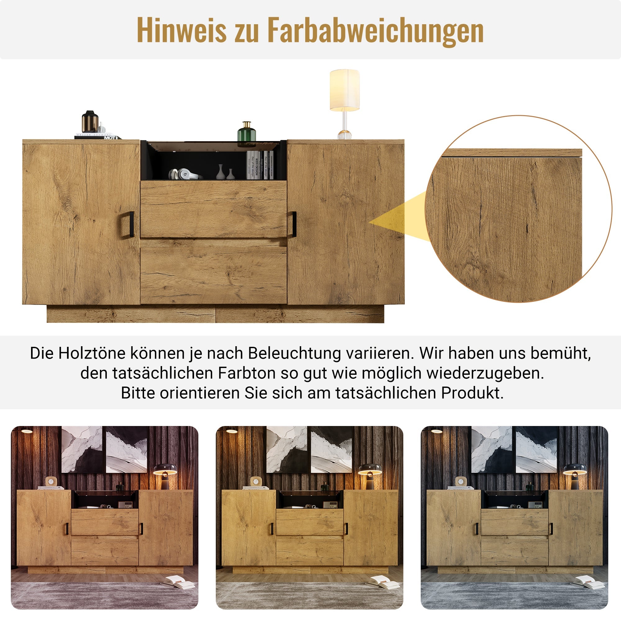 Chest of Drawers Sideboard, 2 Drawers, 2 Cabinets, Open Compartment, Oak-look with Black Handles