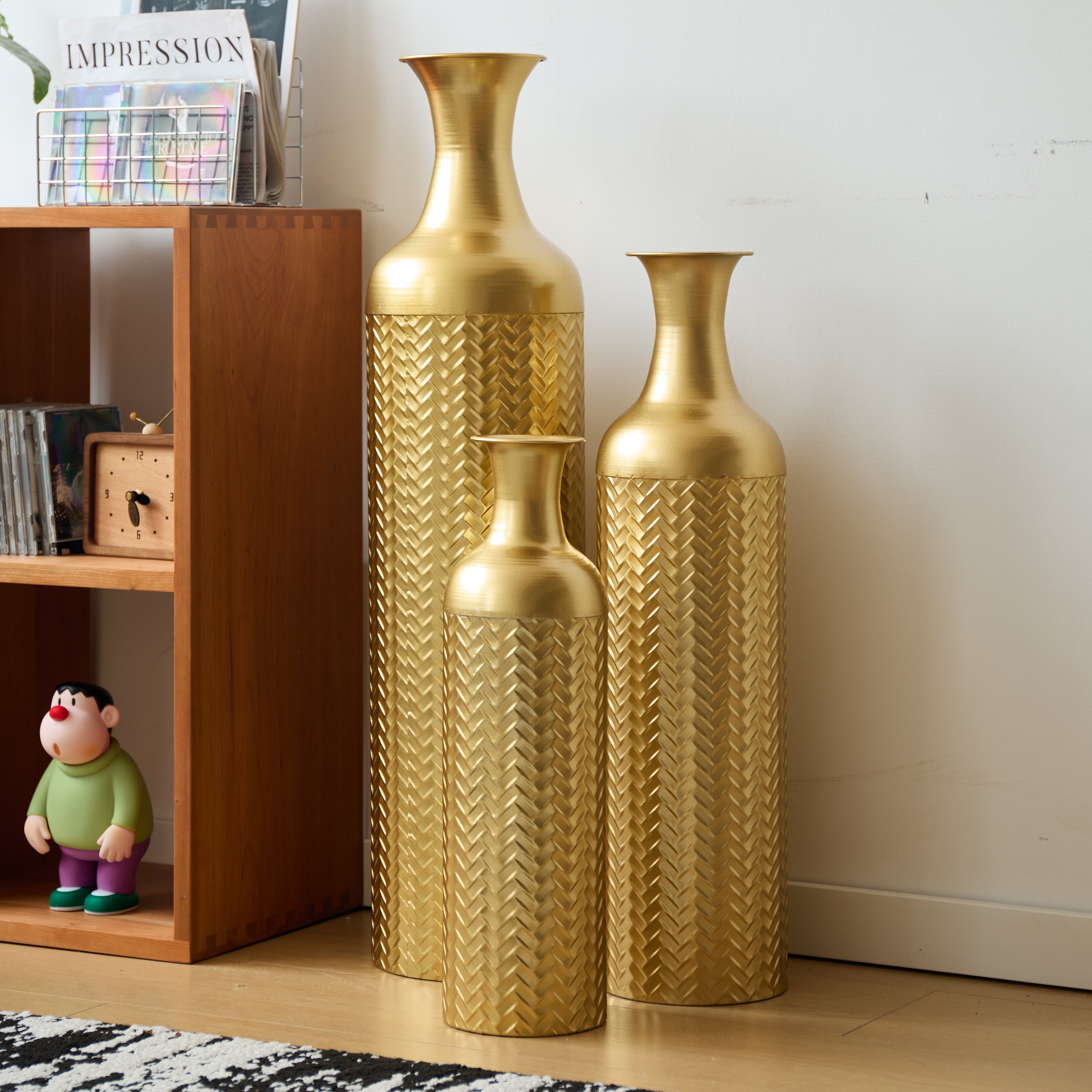 Golden Floor Vase Set, 3 Retro Decorative Vases 83/65/50cm High, Metal
