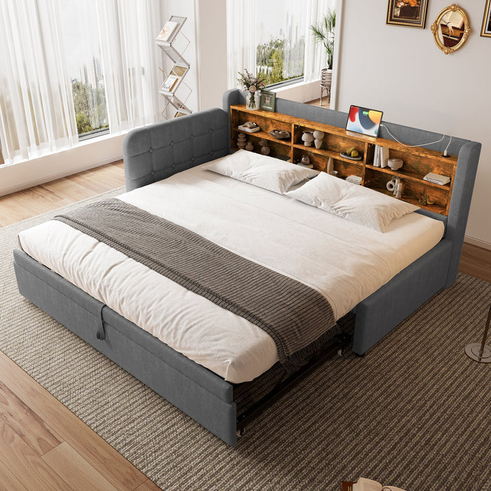 Daybed Sofa Bed 90x200cm Pull-out Storage USB/Type-C - Linen Grey