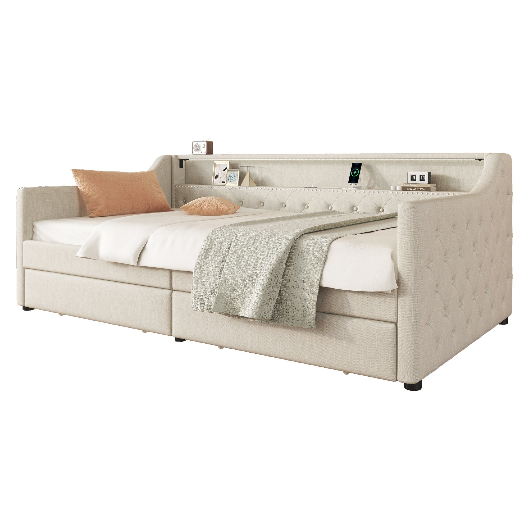 Daybed 90x200cm Ambient Light 2 Drawers USB - Linen Beige