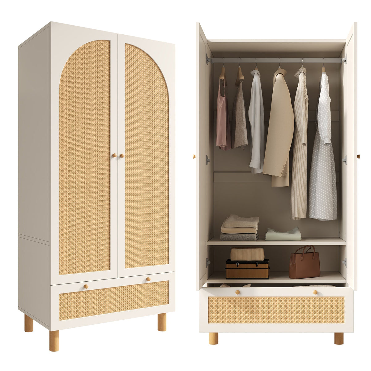 Wardrobe 2 Doors Rattan Large Drawer Adjustable Shelves White