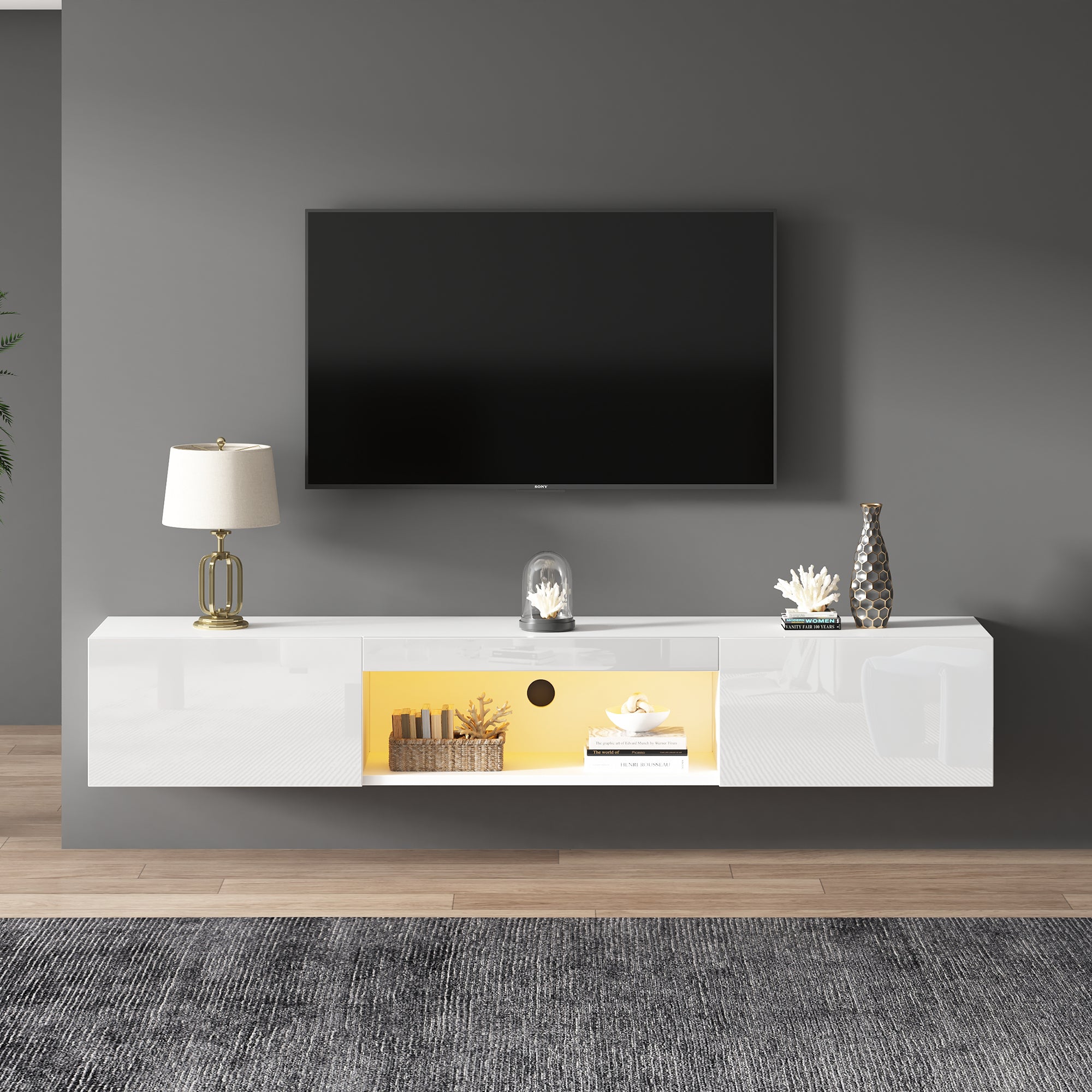 Wall Cabinet, 160x31x22cm for 70-inch TV, 30kg load, LED lighting, Bluetooth APP, high-gloss white