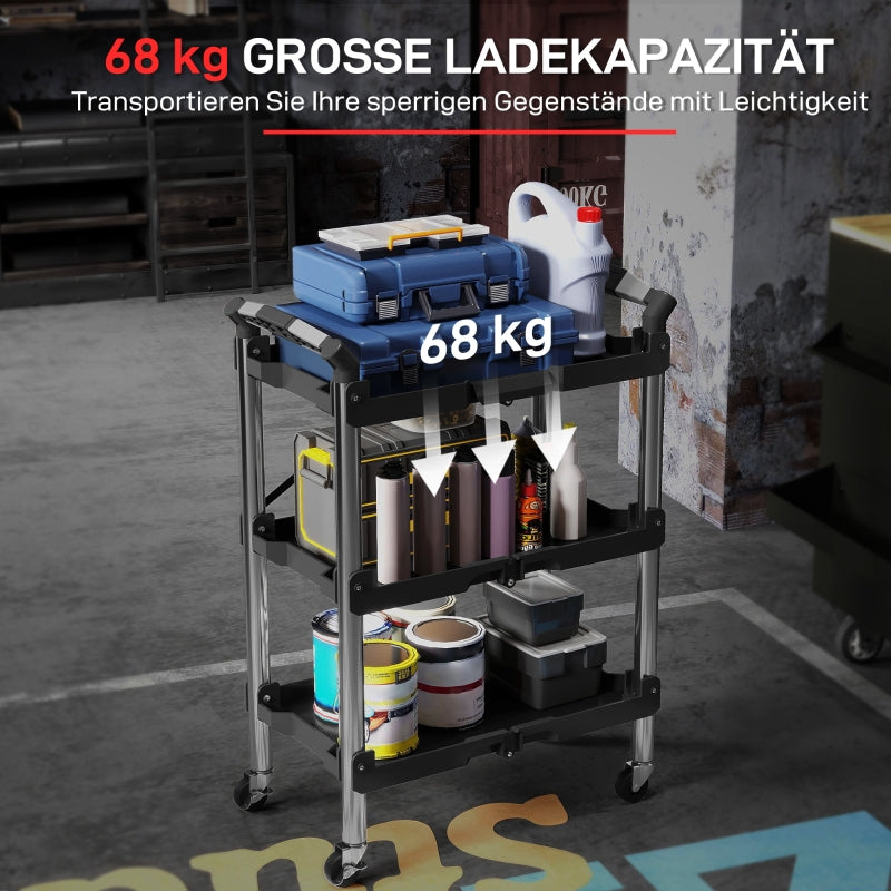 Workshop trolley 3 levels foldable tool with handle, 68 kg load capacity, black