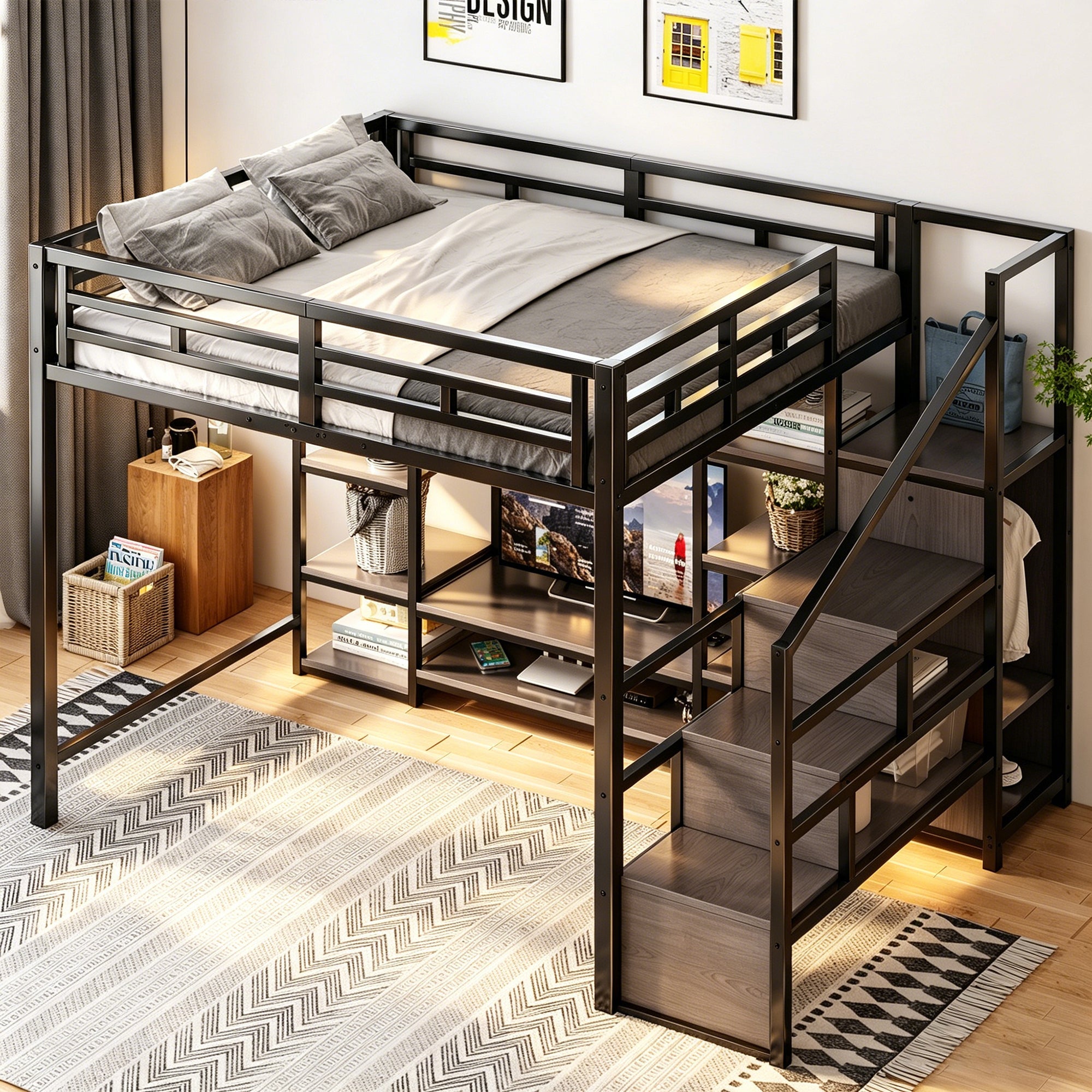 Loft Bed with TV Stand, Power Outlet and Safety Ladder, 140x200cm, Bla ...