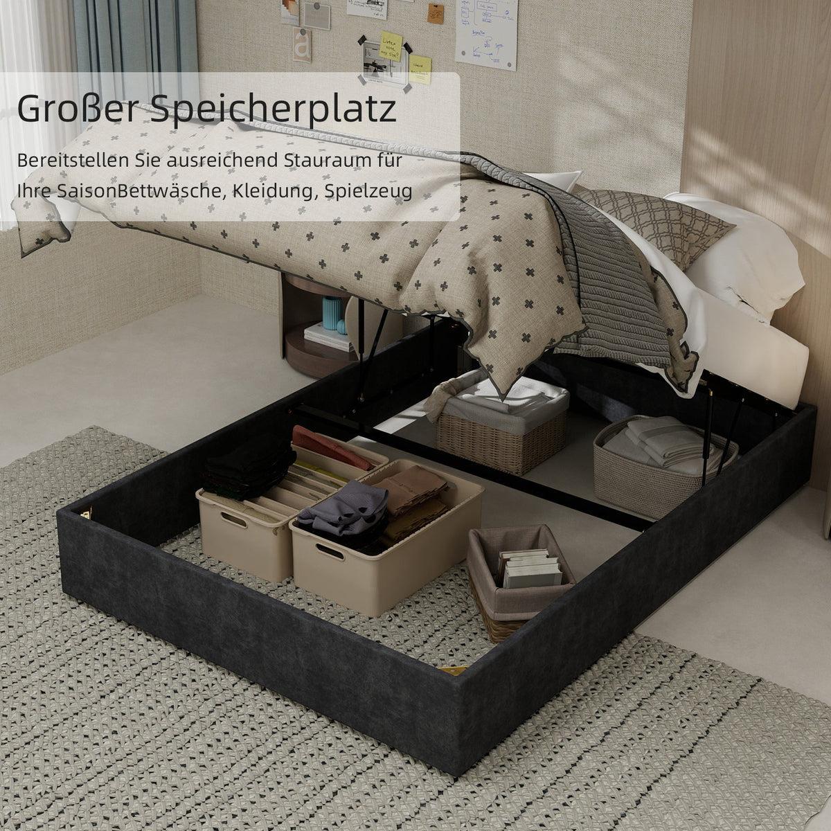 Bed Frame 140x200cm with Gas Lift - Dutch Velvet Grey
