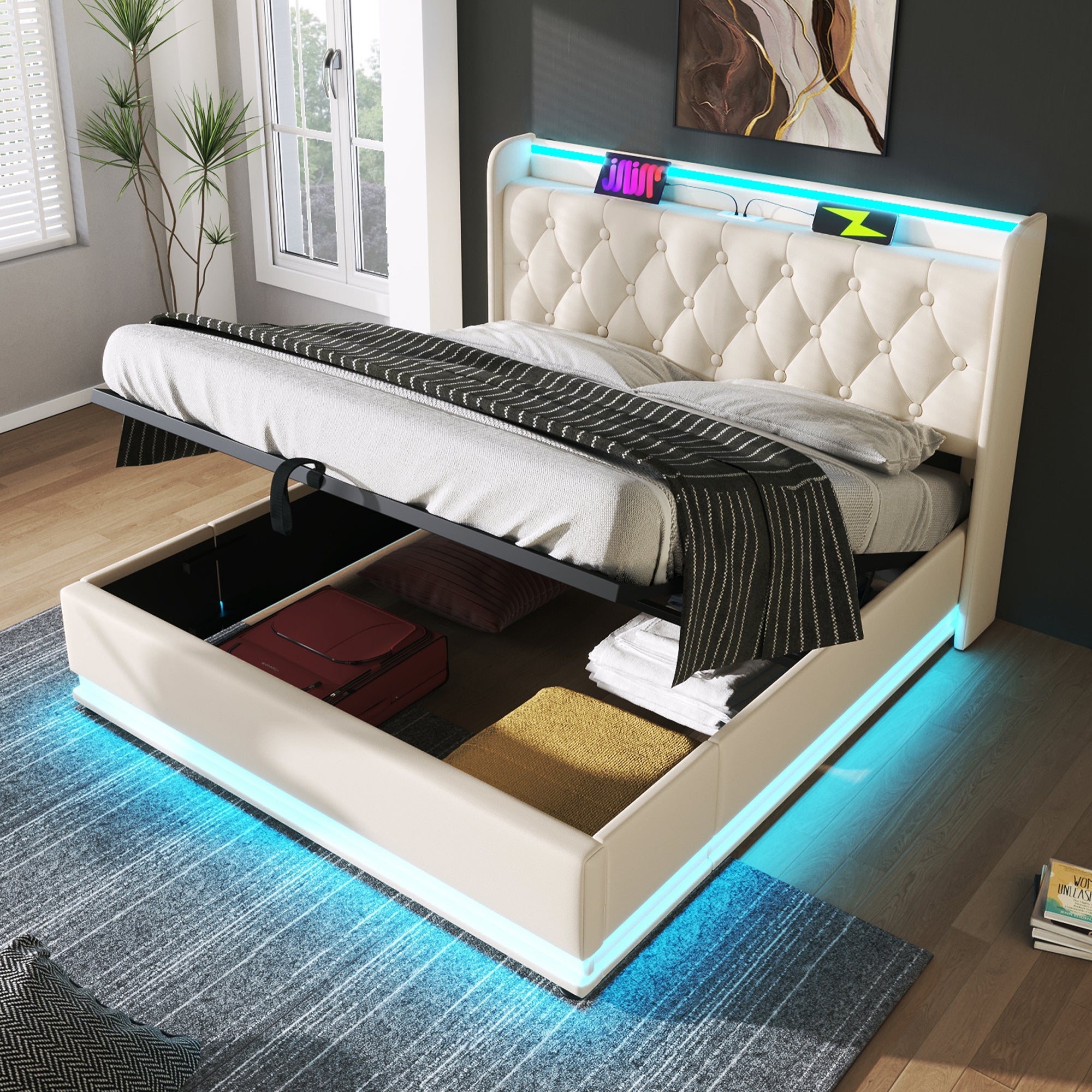 Upholstered Double Bed with Hydraulic Storage, 360° LED and USB Type-C, 140x190cm, White PU Leather