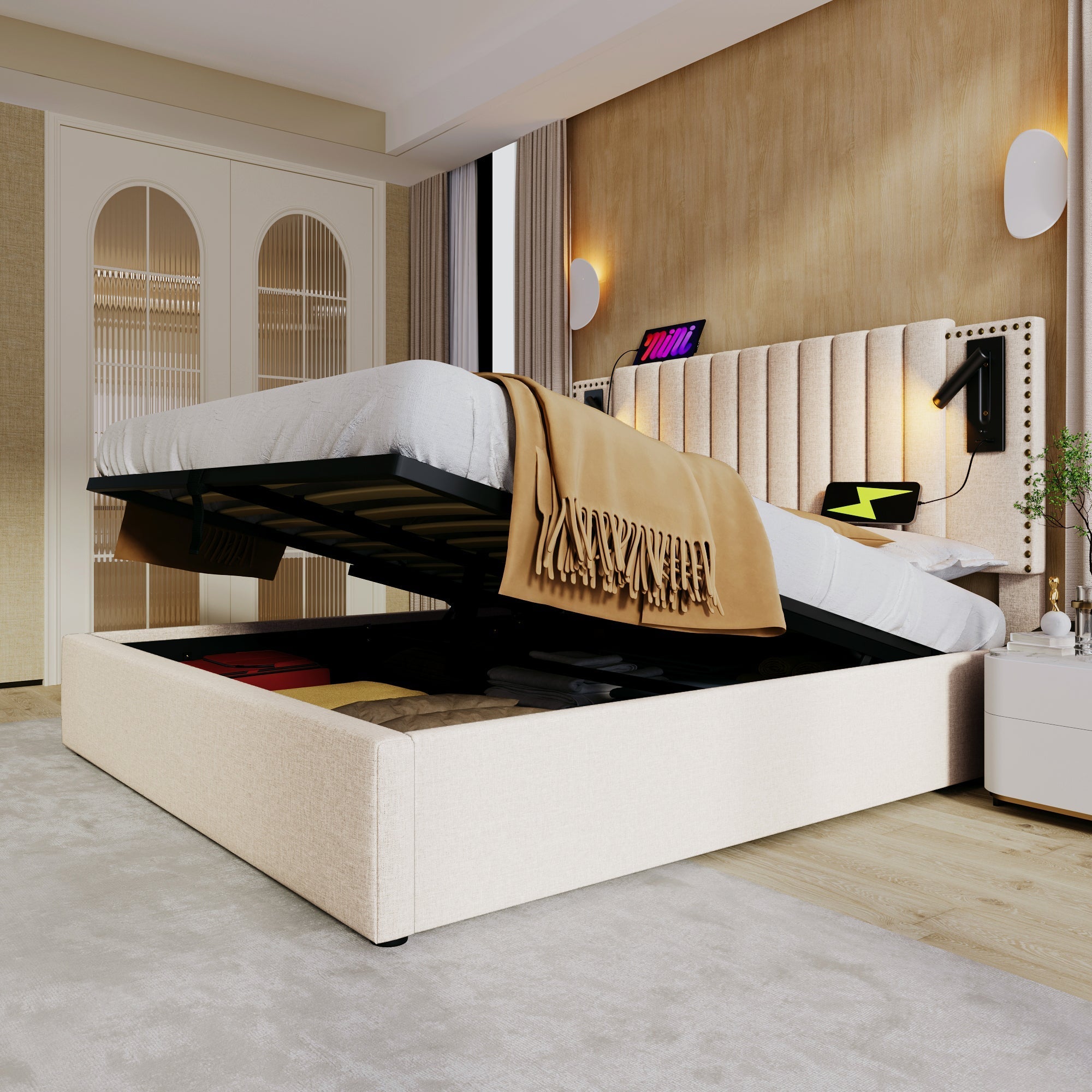 Upholstered Bed, 180x200 Double with Storage, USB Reading Light & Rivet Headboard, Beige Cotton