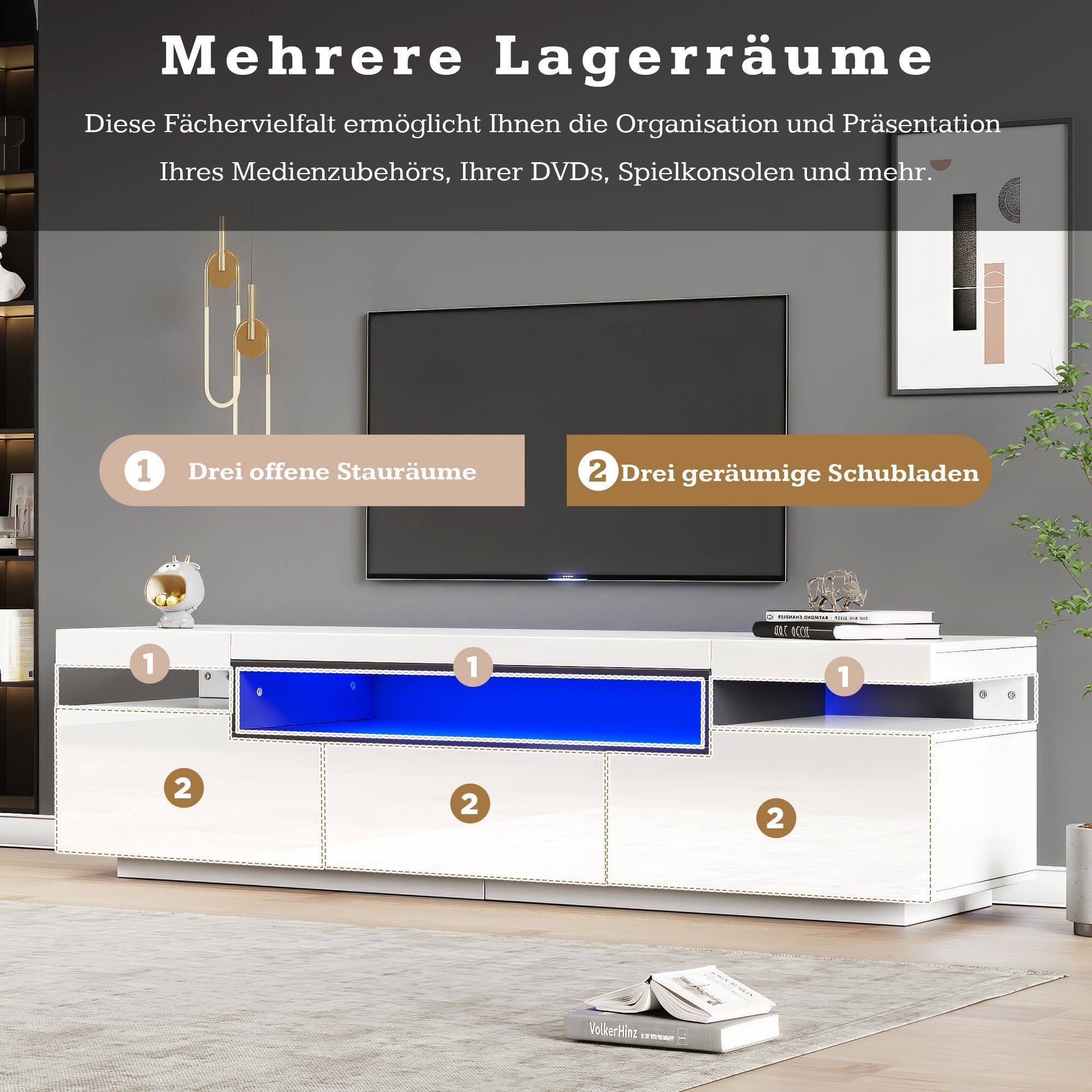 TV Cabinet, 160x39x42cm LED Lighting, 3 Drawers, White High-Gloss