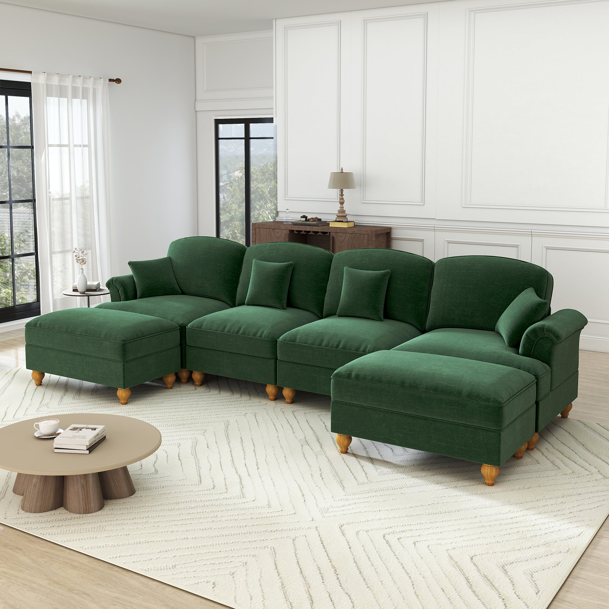 U-shaped Modular Sofa 4-Seater Movable Ottoman - Chenille Green