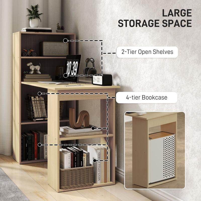 120cm Computer Desk with 6-Tier Storage Bookshelves, Natural Wood