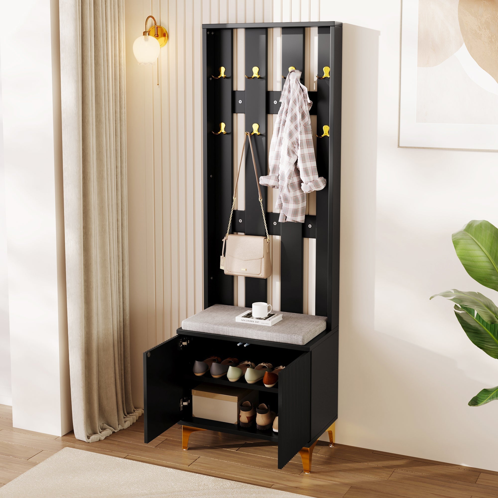 Wardrobe Set with Shoe Bench and Cushion, Hooks, Drawers and Doors