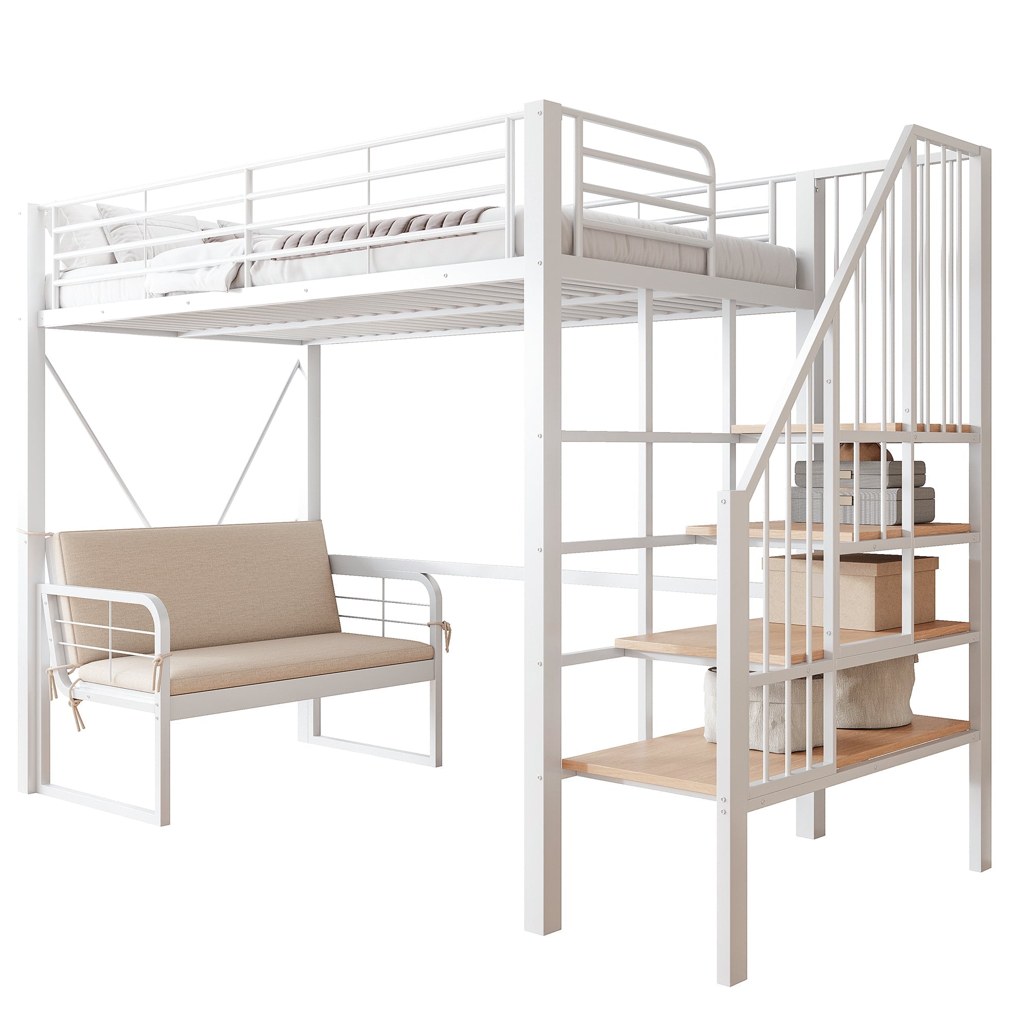 Bunk Bed with Removable Sofa, Storage and Safety Stairs, 90x200cm, White Metal