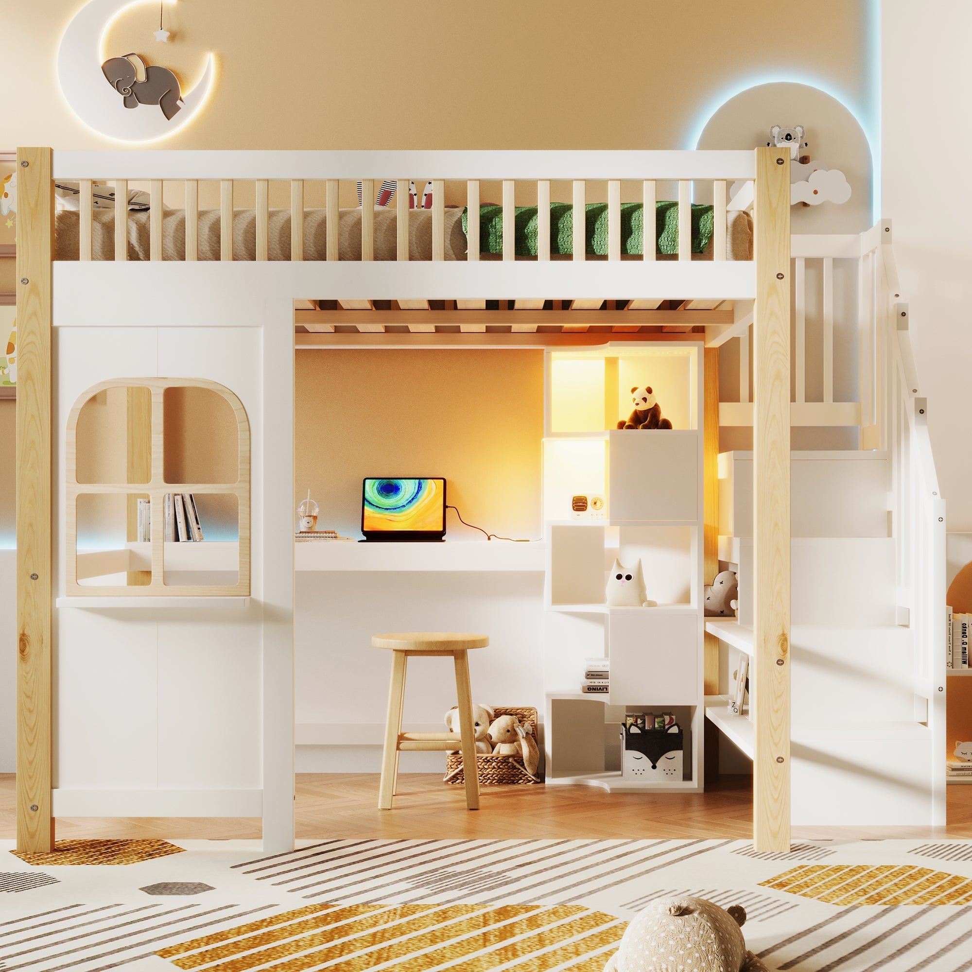 Loft Bed 140x200cm with LED Lights, Desk, and Storage Ladder, White + Natural
