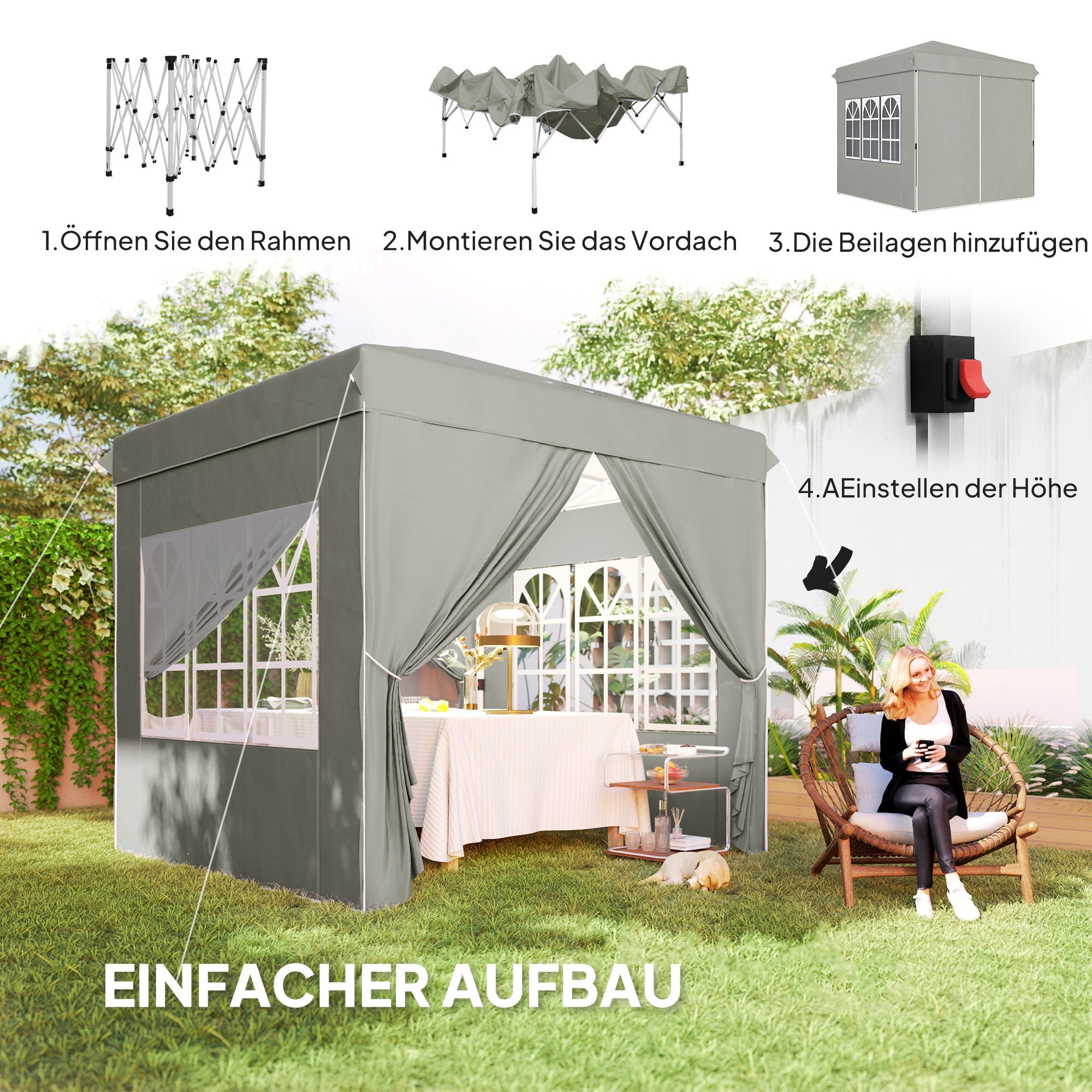 Pavilion 2.5x2.5m Pop-up Folding, Water-Repellent, UV 50+, 4 Side Panels, Light Grey
