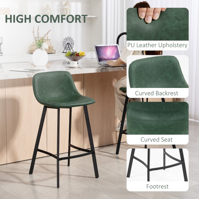 Bar Stools Set of 2 Dining Stools with Backrest, Footrest, for Kitchen Counter, Green PU Leather