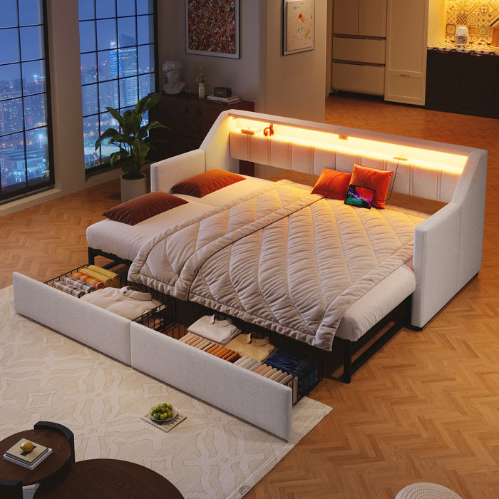 Daybed Sofa Bed 90x200cm Pull-out Bed LED USB/Type-C 2 Drawers Storage - Beige
