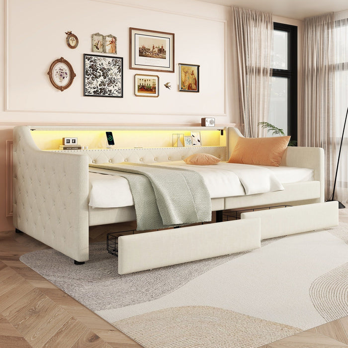 Daybed 90x200cm Ambient Light 2 Drawers USB - Linen Beige