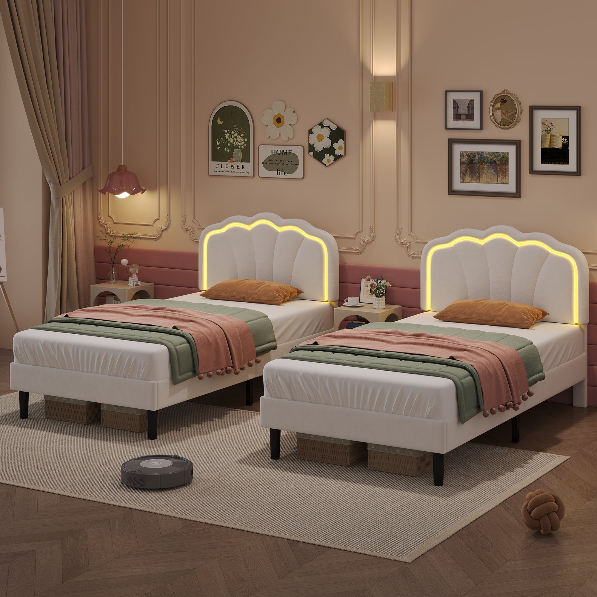 3ft Single Upholstered Bed with LED Adjustable Shell Shape Headboard, Cream White Velvet