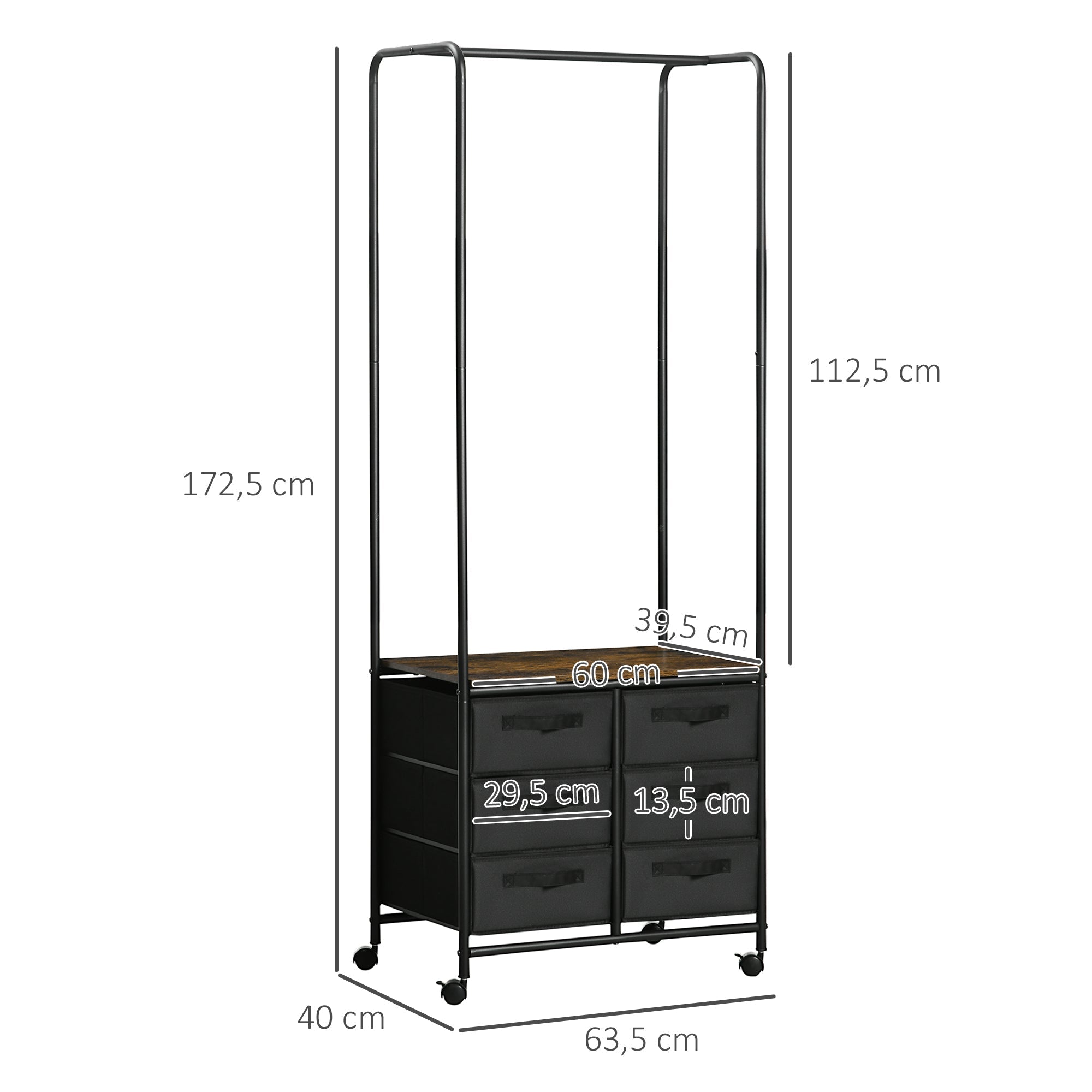 Industrial Clothes Rail with 6 Fabric Drawers Open Wardrobe, Rustic Brown