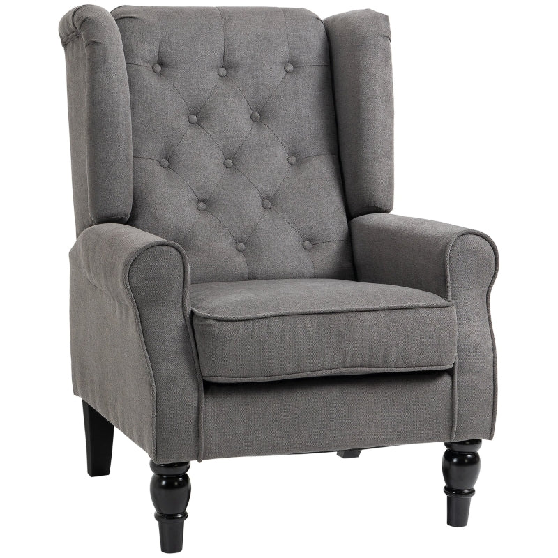 Retro Accent Chair Wingback Armchair Wood Frame Button Tufted Linen, Dark Grey